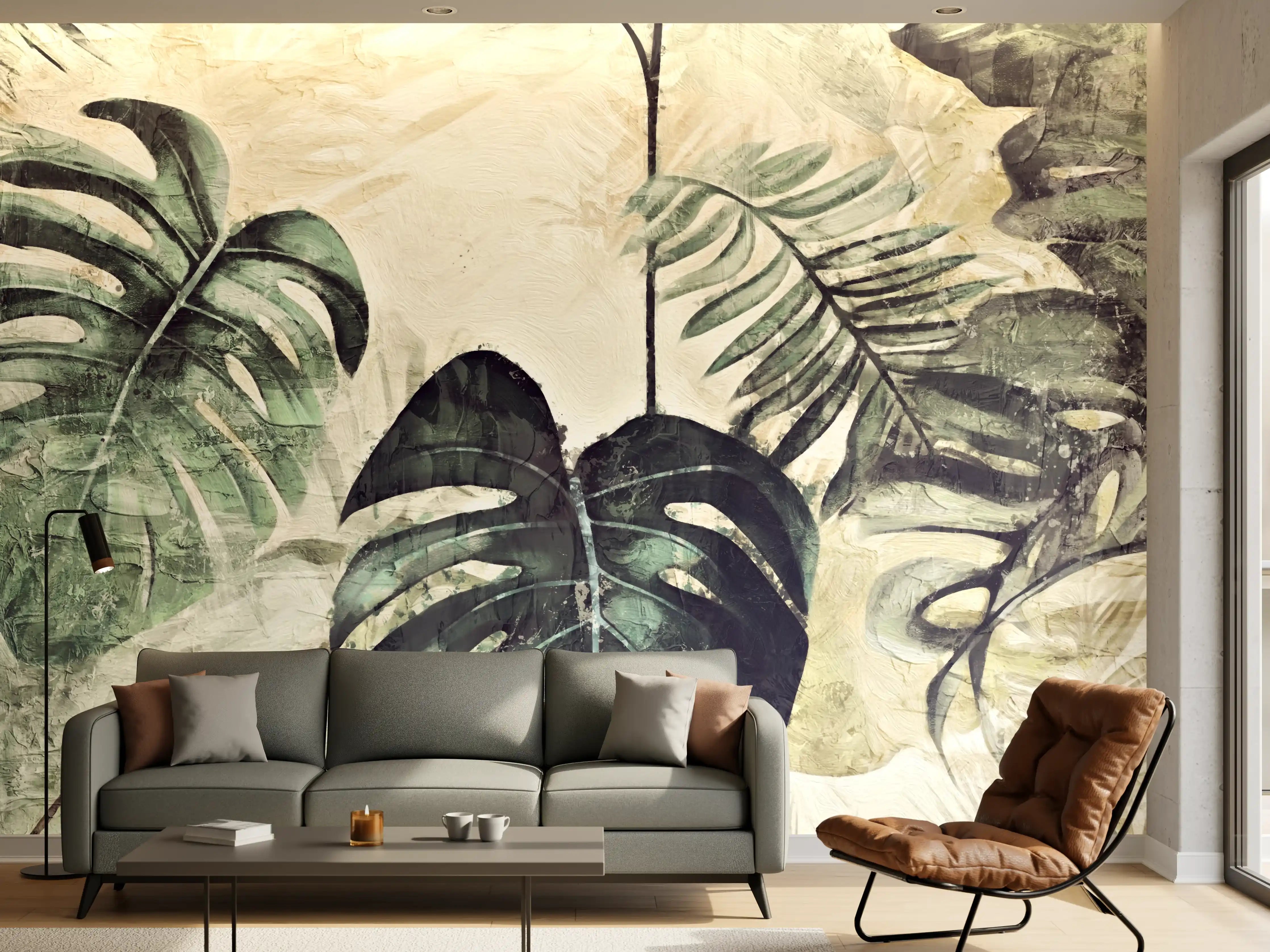 Wandverkleidung Wohnzimmer - Elegante Monstera Wanddekoration