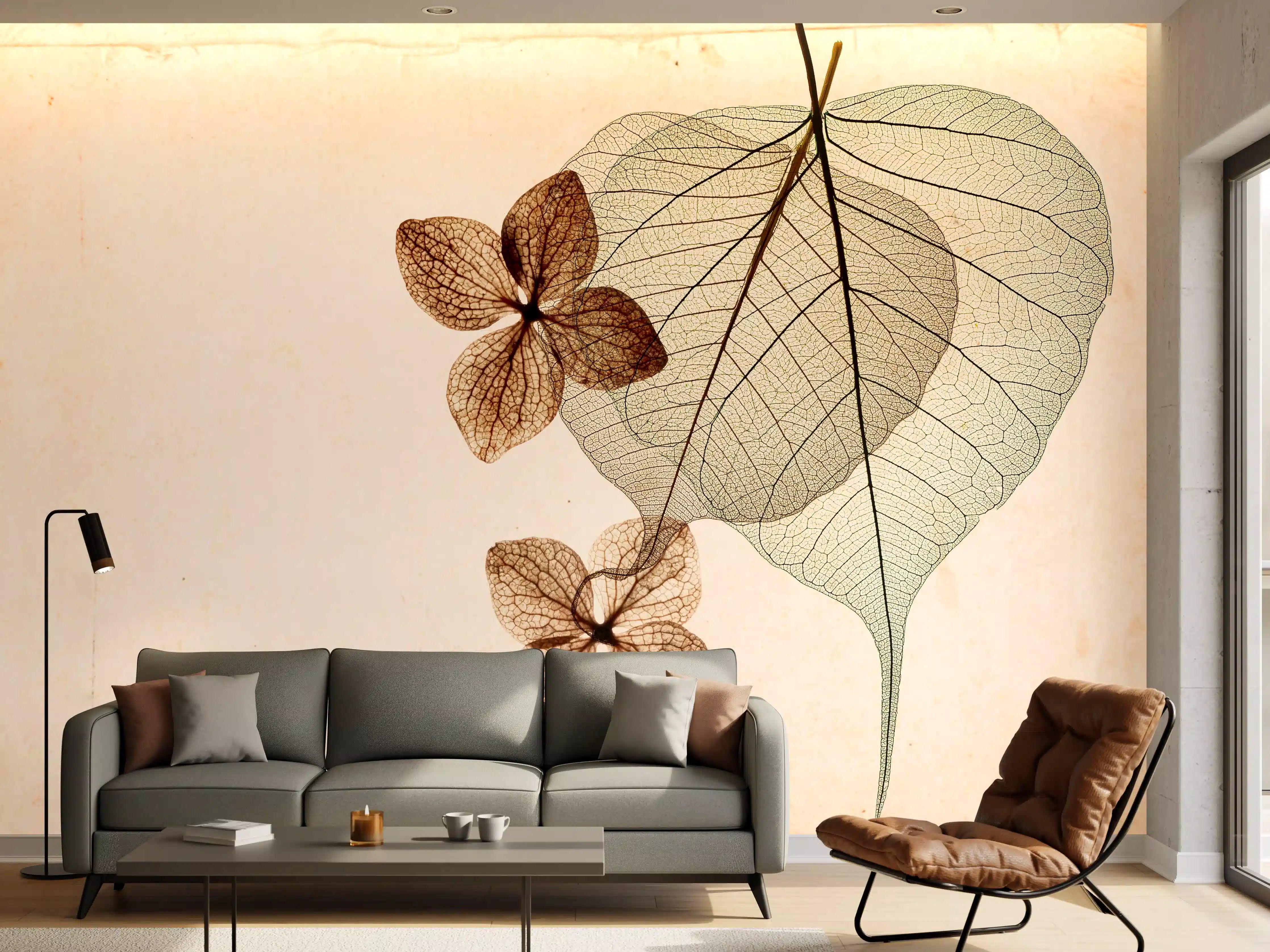 Wandverkleidung Wohnzimmer - Elegante Naturaufnahme mit getrockneten Blättern und Blüten
