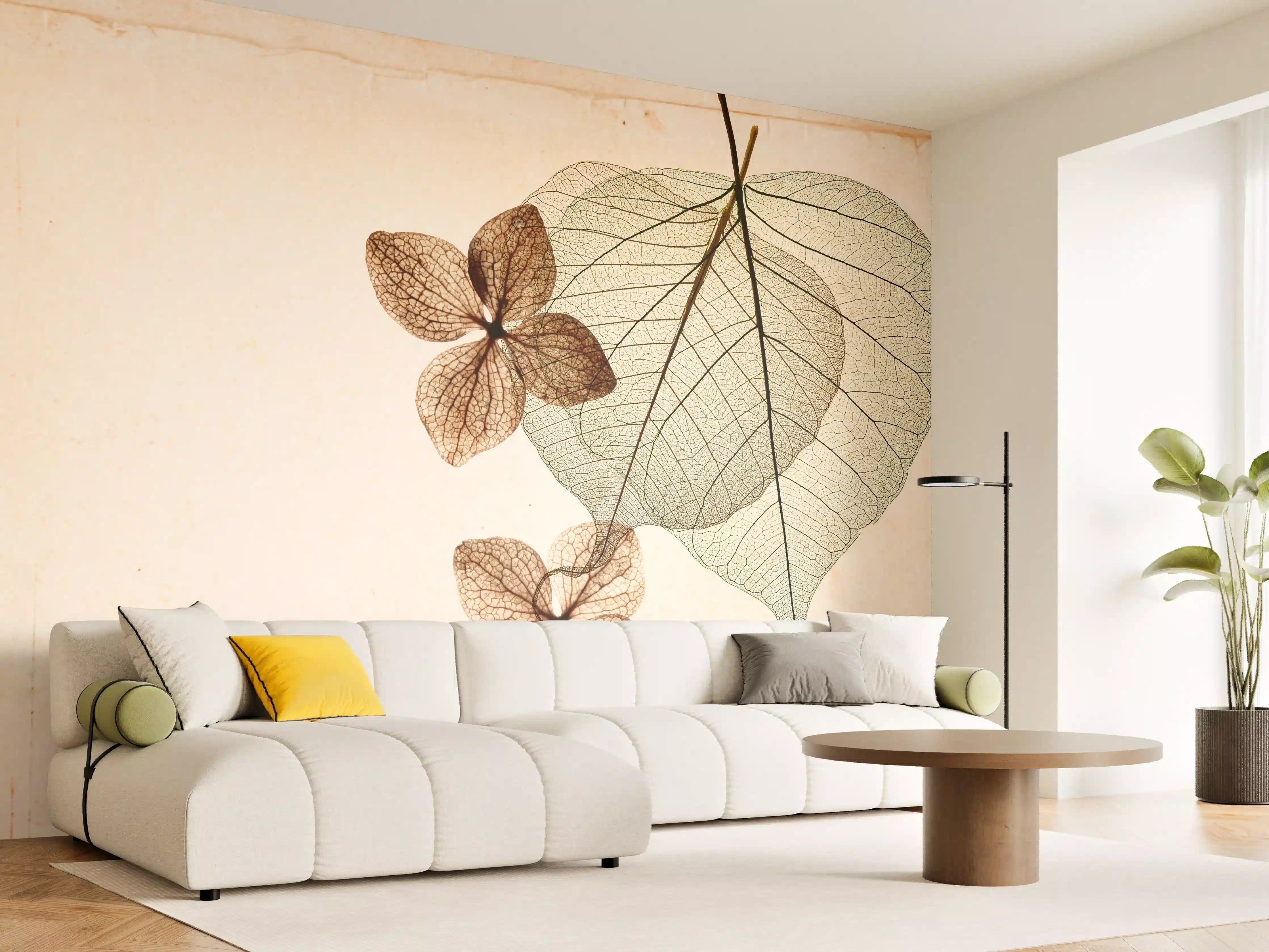 Wandverkleidung Wohnzimmer - Elegante Naturaufnahme mit getrockneten Blättern und Blüten