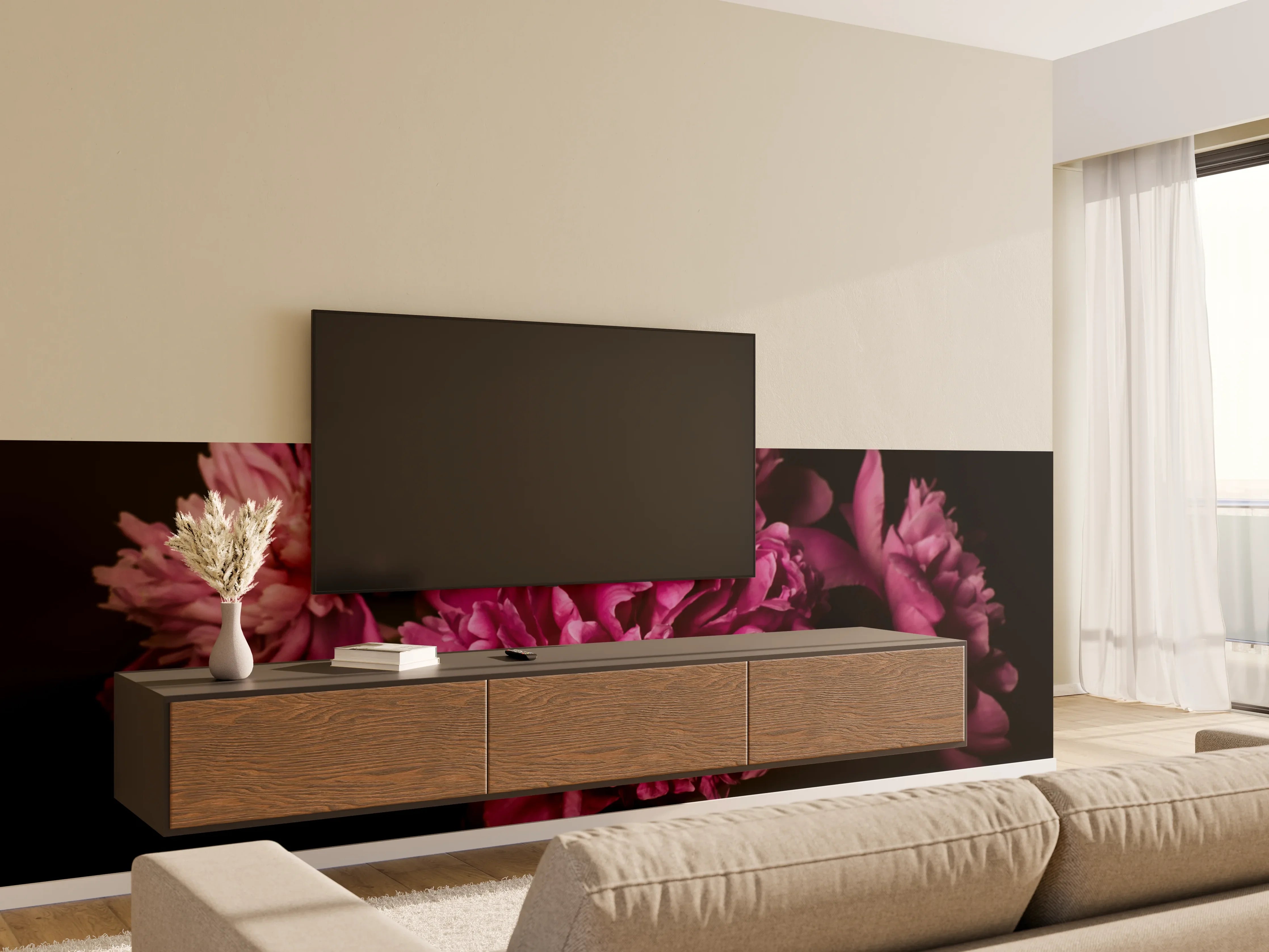 Wandverkleidung Wohnzimmer - Elegante Pfingstrosen in dunklem Hintergrund