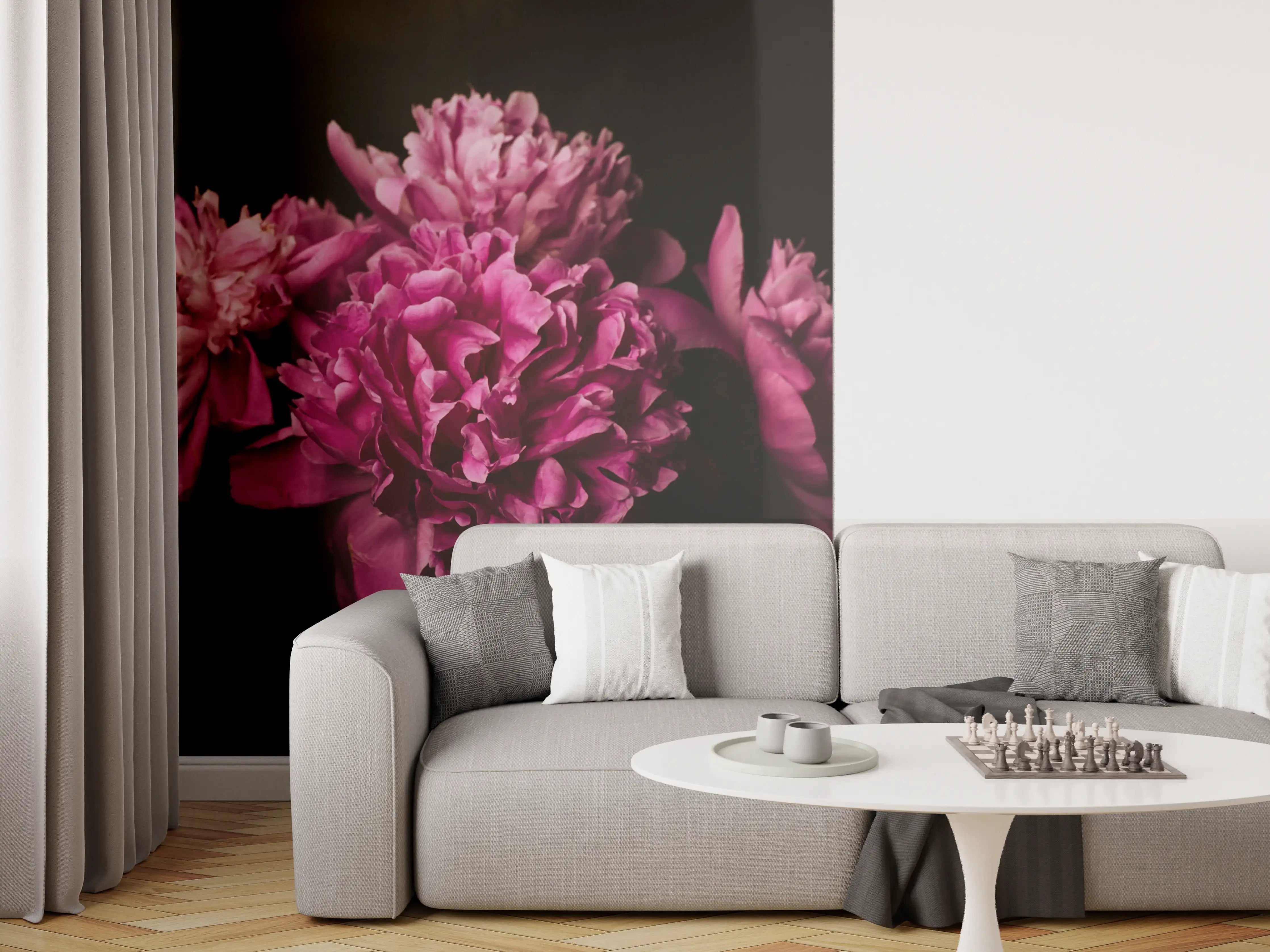 Wandverkleidung Wohnzimmer - Elegante Pfingstrosen in dunklem Hintergrund