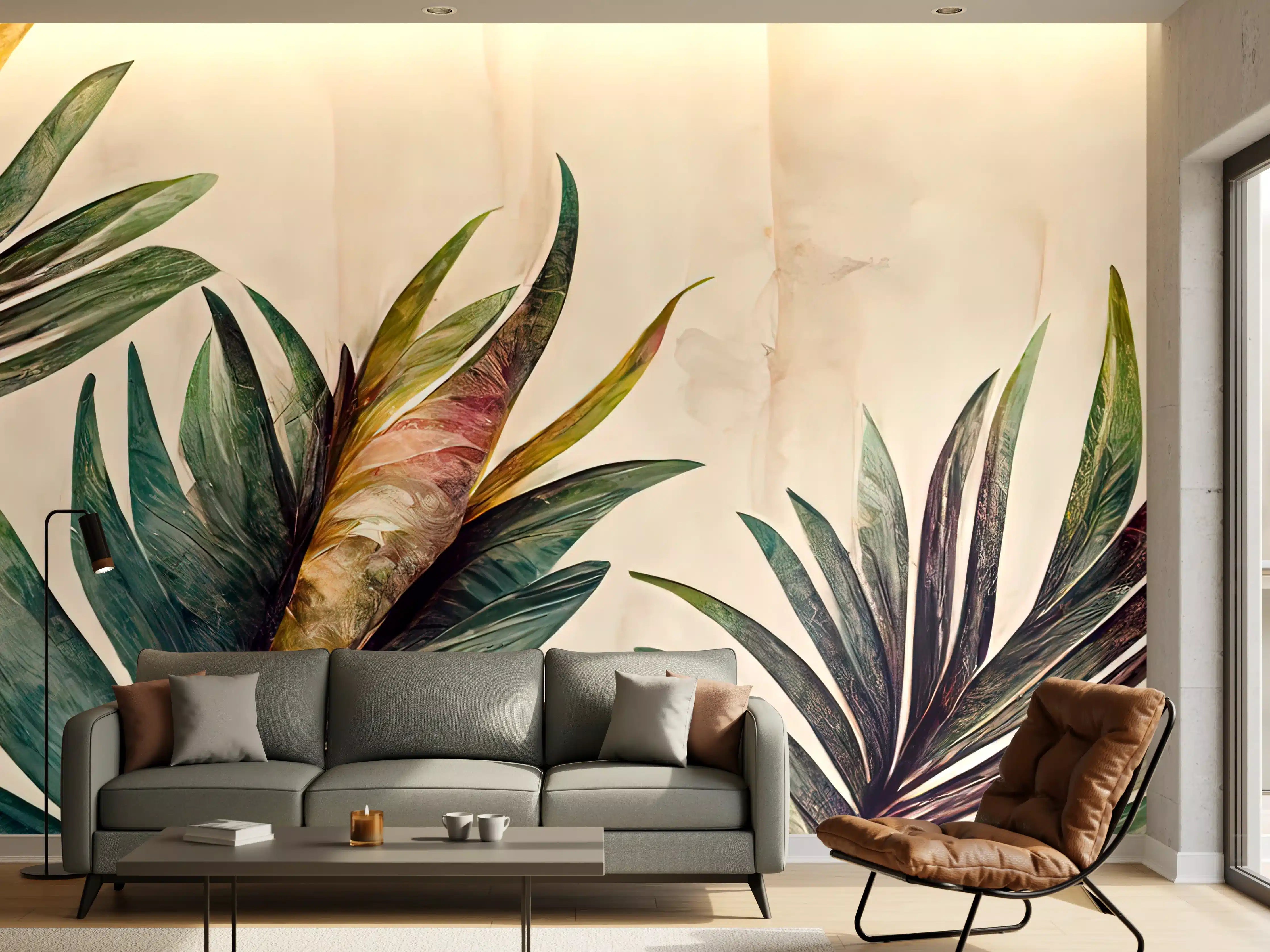 Wandverkleidung Wohnzimmer - Elegante Pflanzenillustration vor hellem Hintergrund