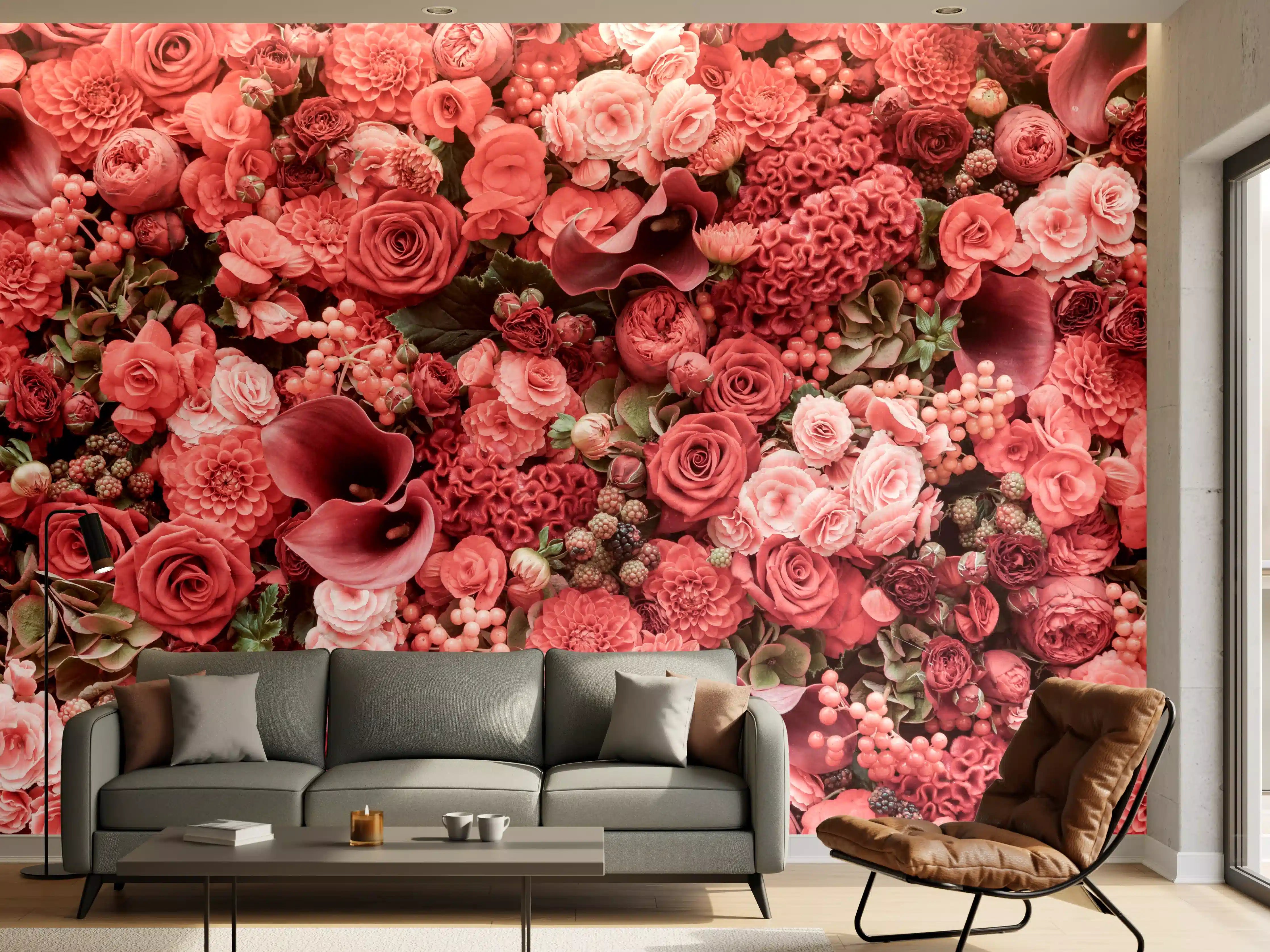 Wandverkleidung Wohnzimmer - Elegante Rosen- und Calla-Blumenwand