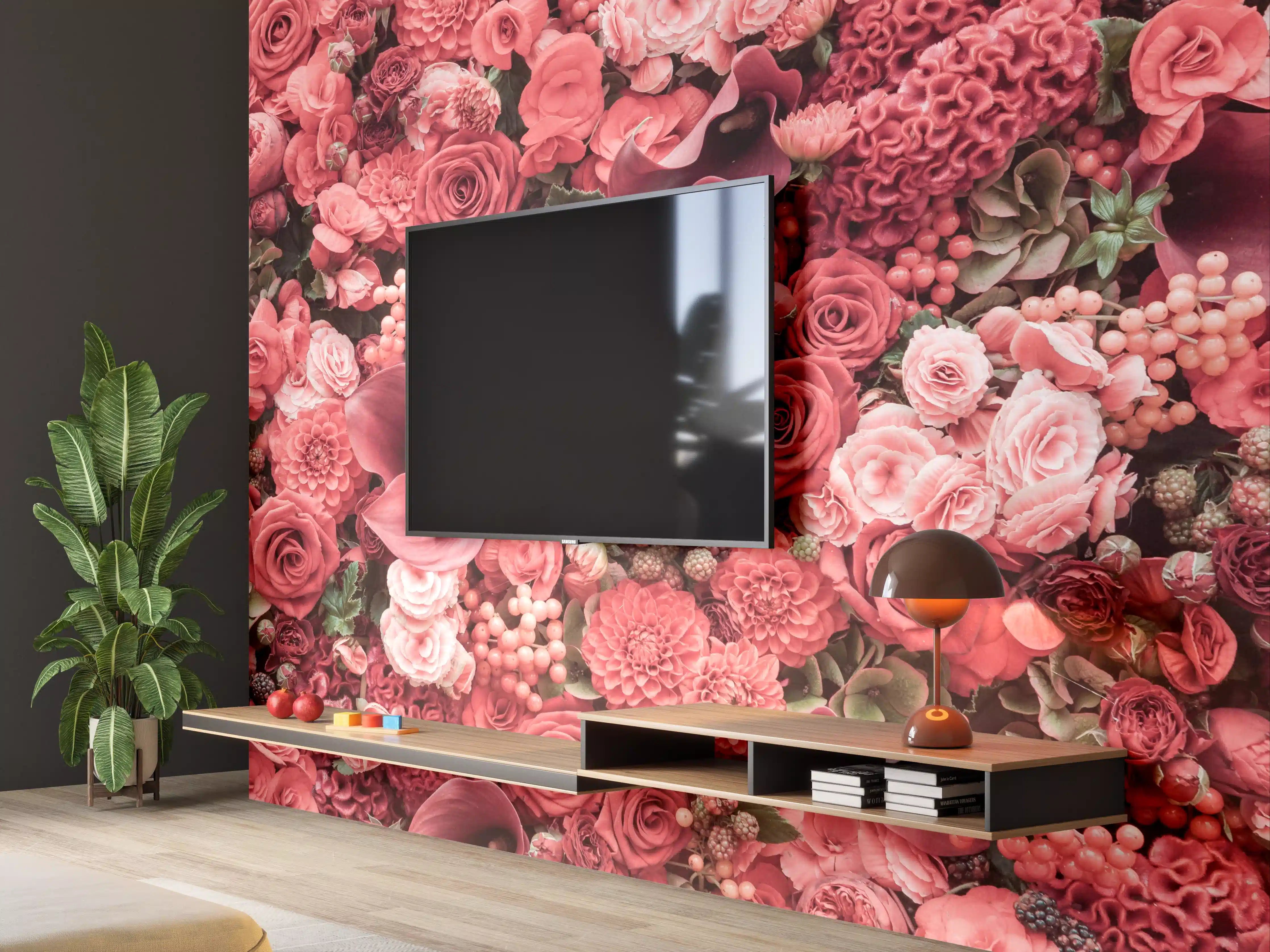 Wandverkleidung Wohnzimmer - Elegante Rosen- und Calla-Blumenwand