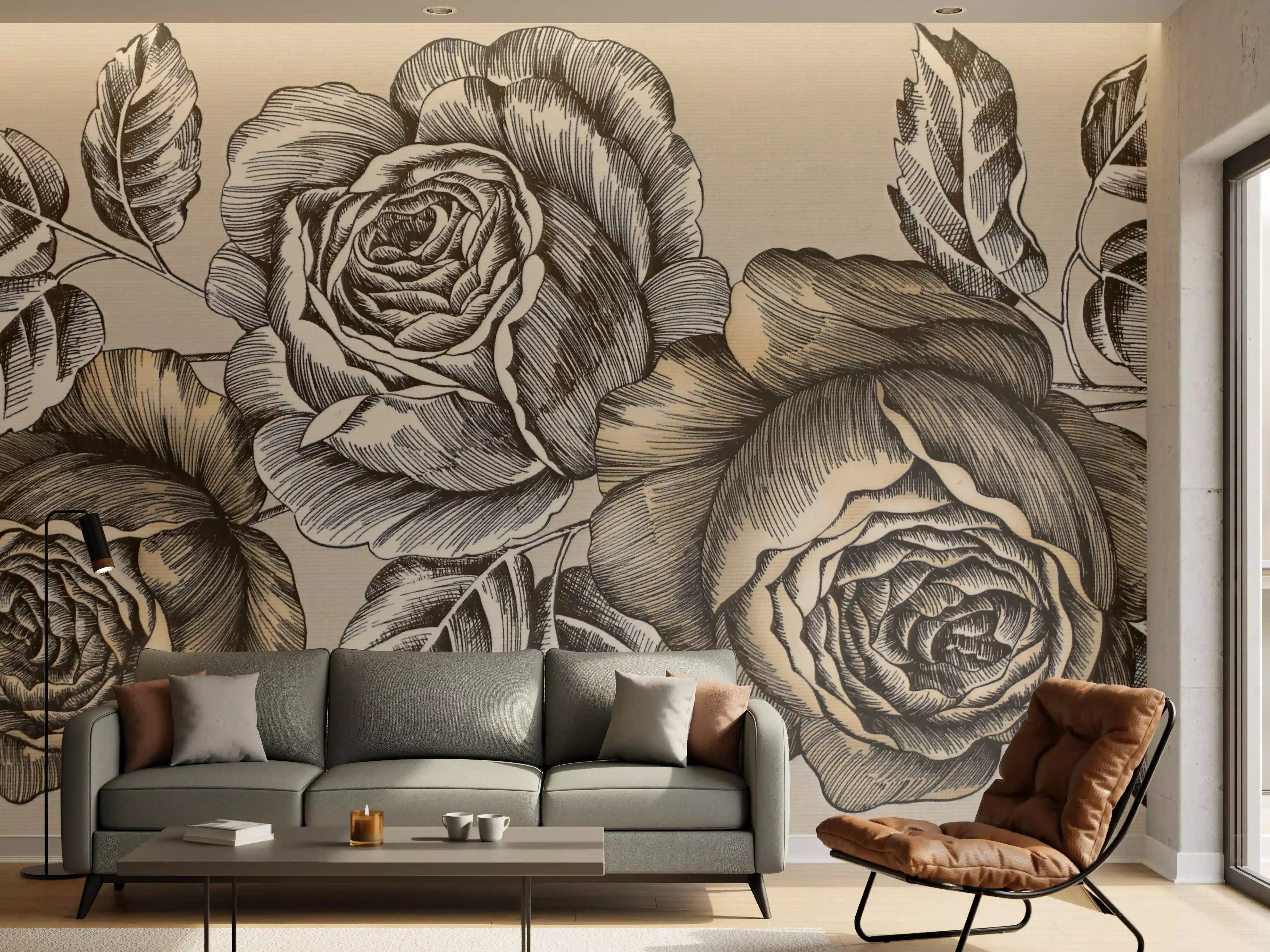 Wandverkleidung Wohnzimmer - Elegante Rosen in neutralen Tönen