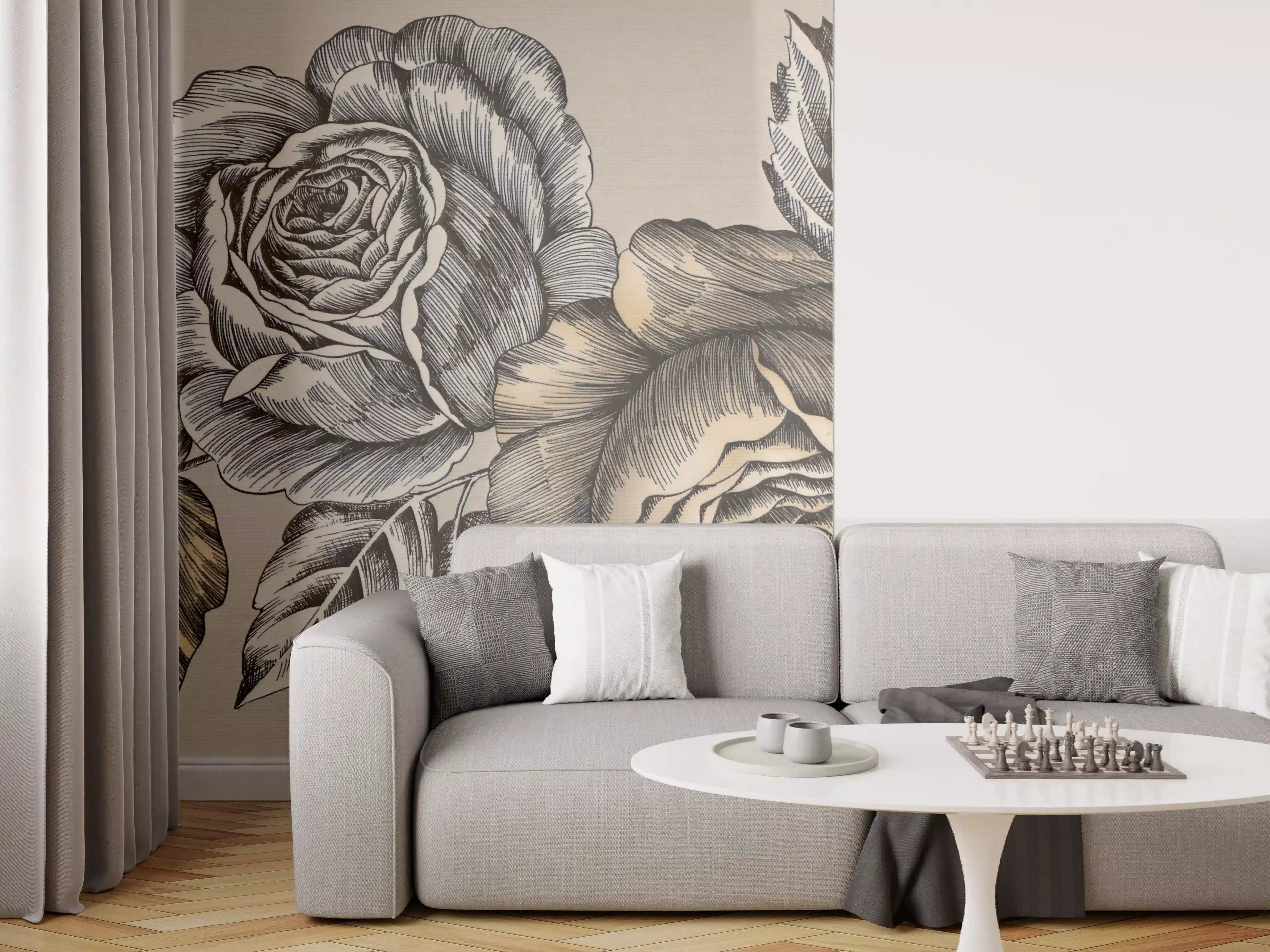 Wandverkleidung Wohnzimmer - Elegante Rosen in neutralen Tönen
