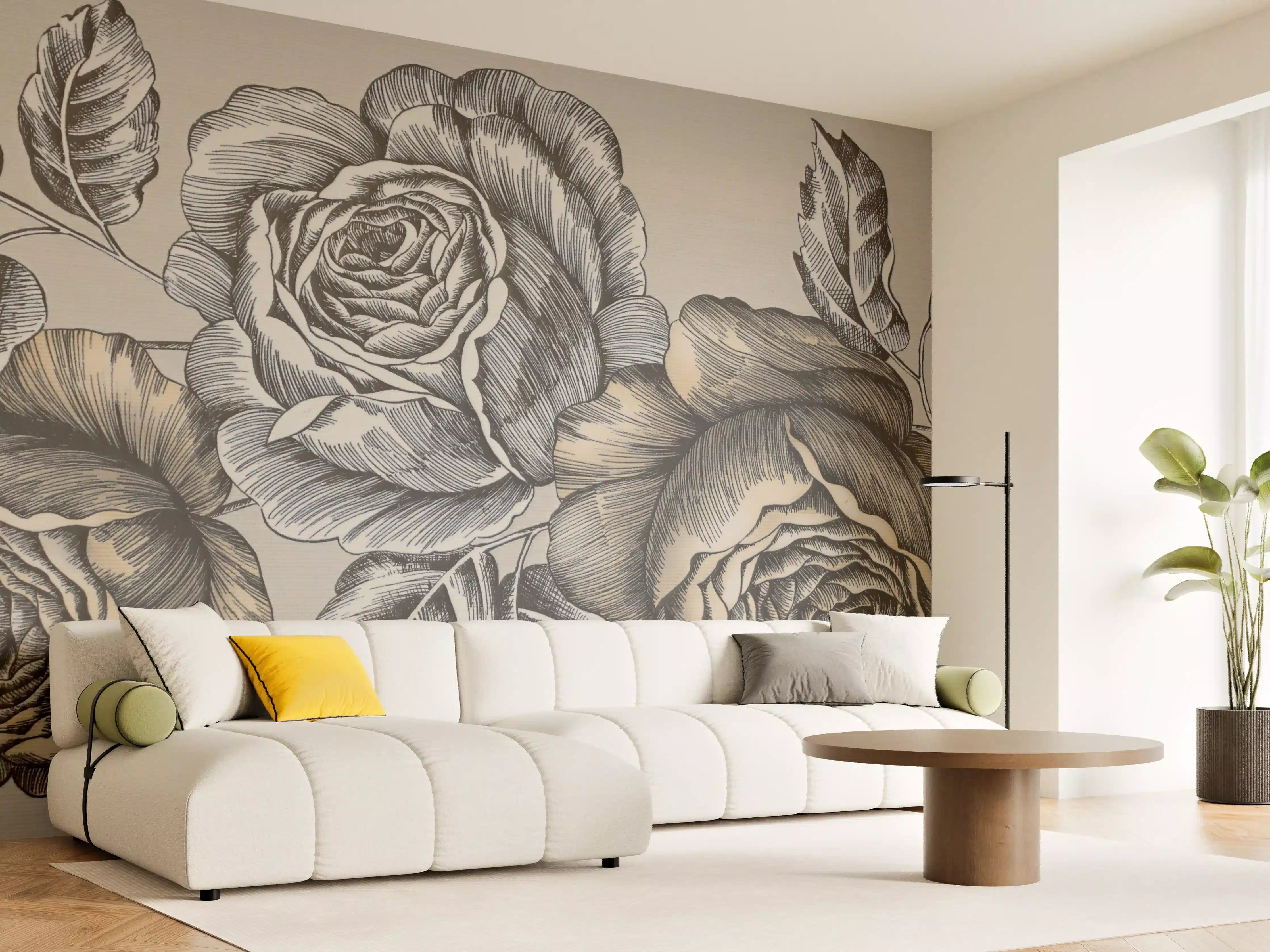 Wandverkleidung Wohnzimmer - Elegante Rosen in neutralen Tönen