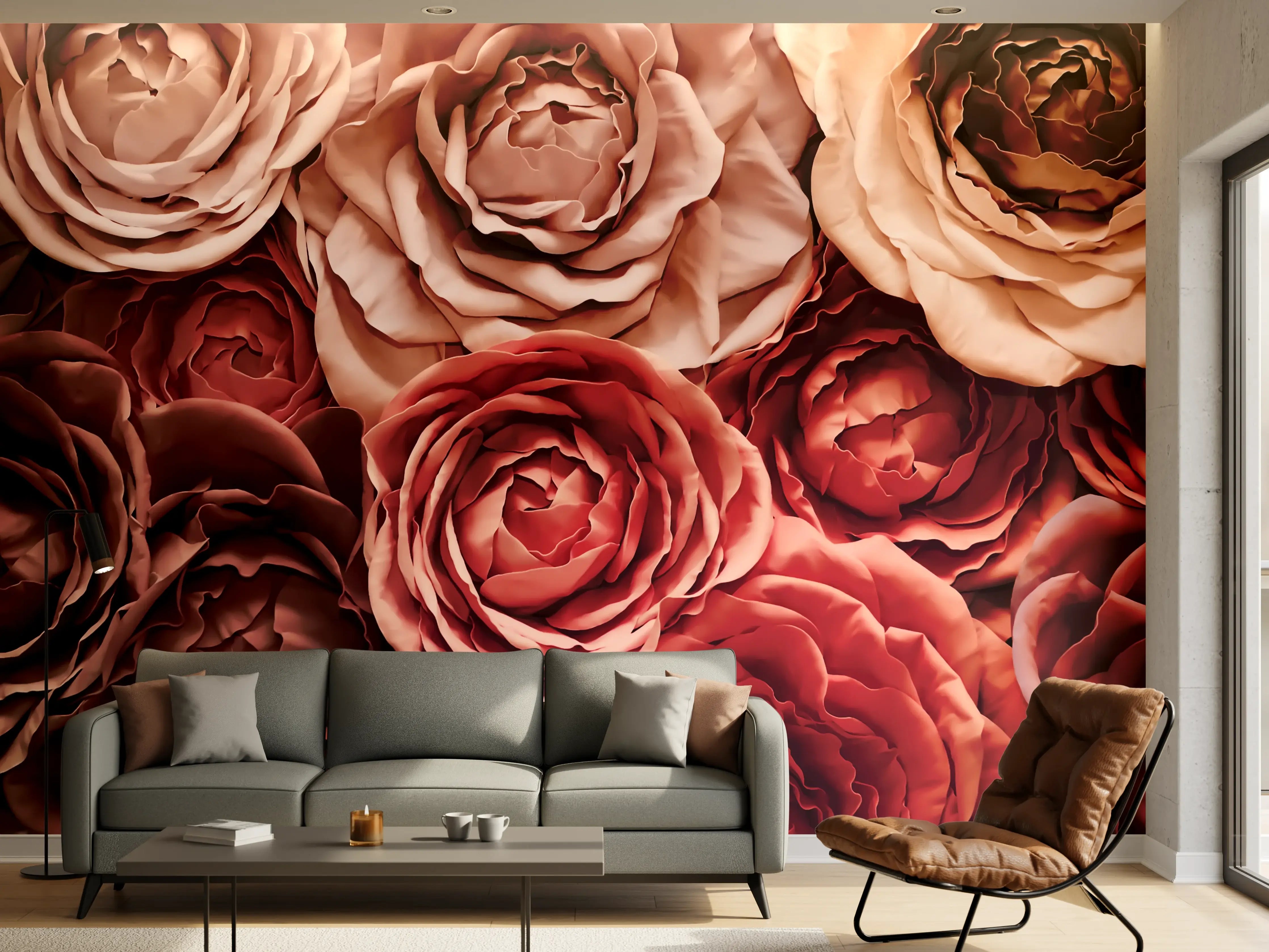 Wandverkleidung Wohnzimmer - Elegante Rosenblumen in warmen Farbtönen - Perfekte Dekoration