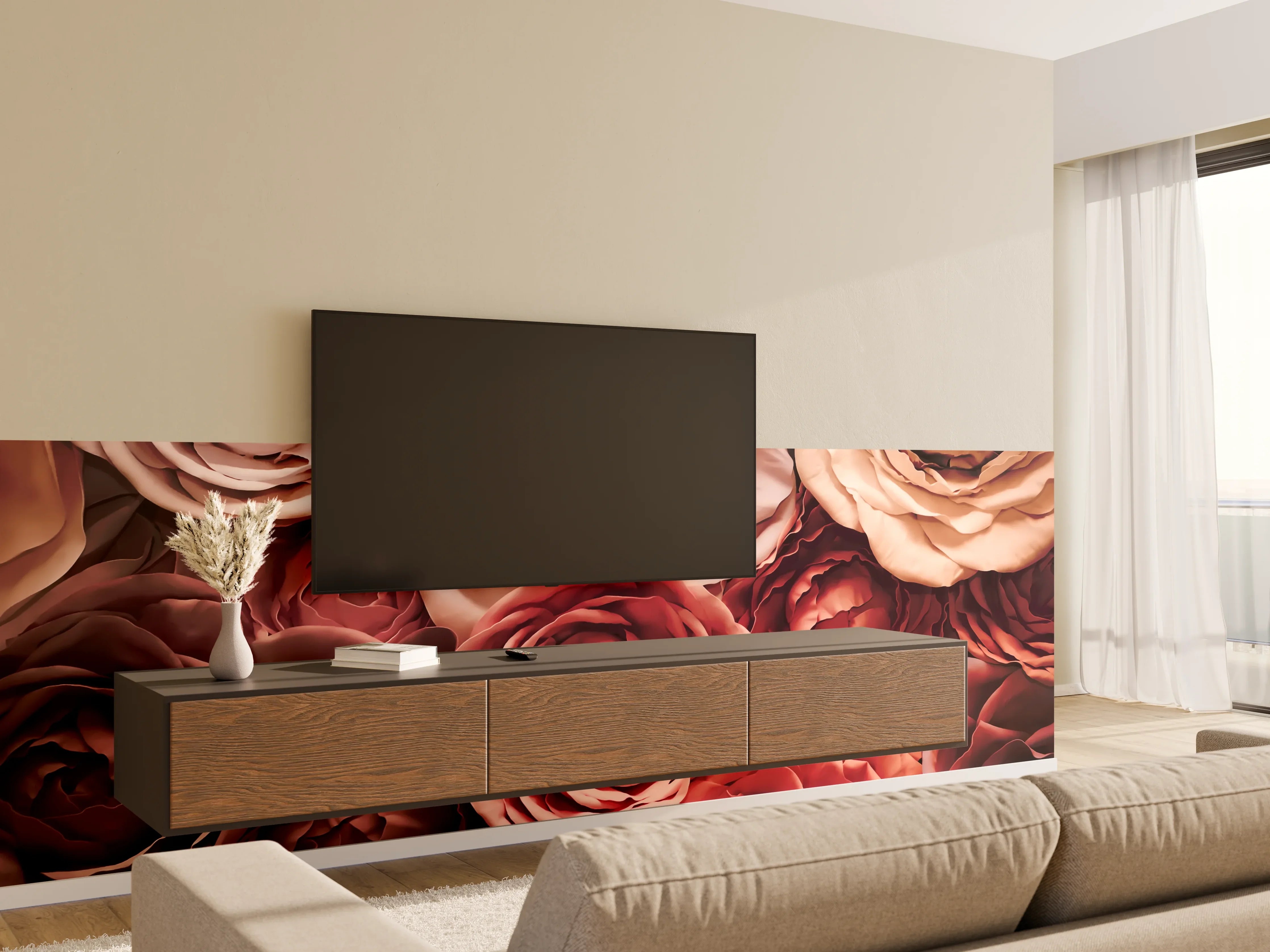 Wandverkleidung Wohnzimmer - Elegante Rosenblumen in warmen Farbtönen - Perfekte Dekoration