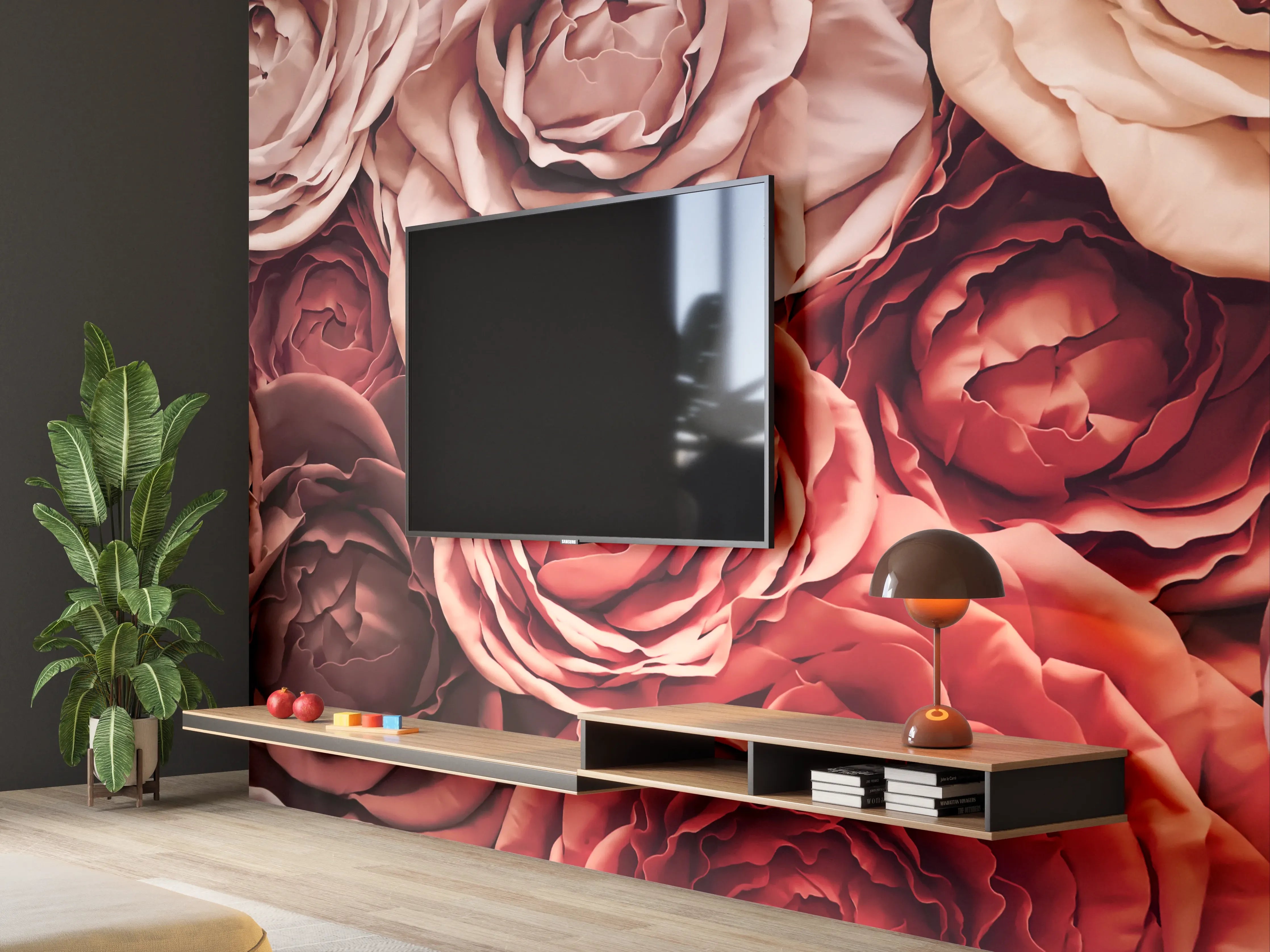 Wandverkleidung Wohnzimmer - Elegante Rosenblumen in warmen Farbtönen - Perfekte Dekoration