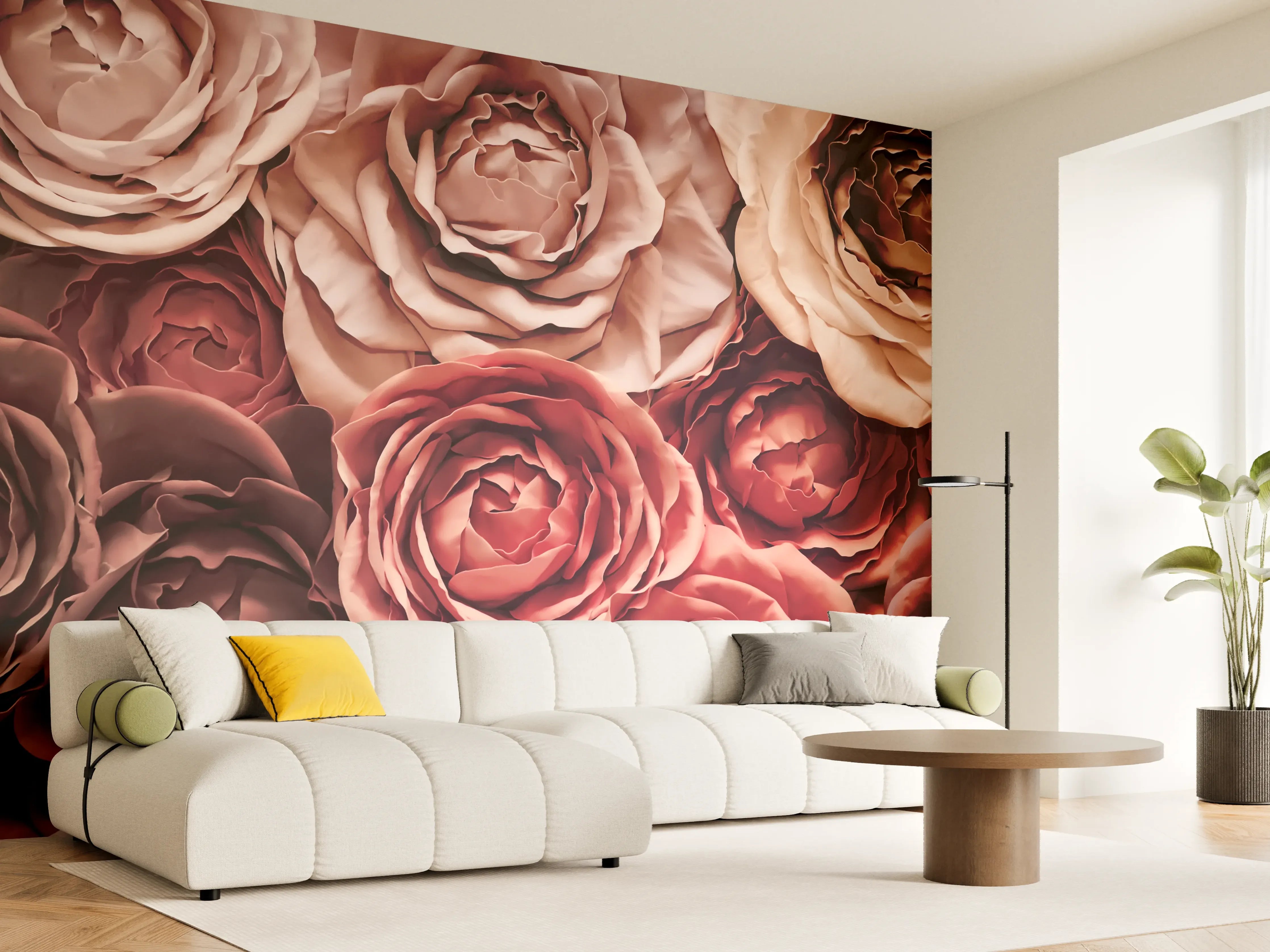 Wandverkleidung Wohnzimmer - Elegante Rosenblumen in warmen Farbtönen - Perfekte Dekoration
