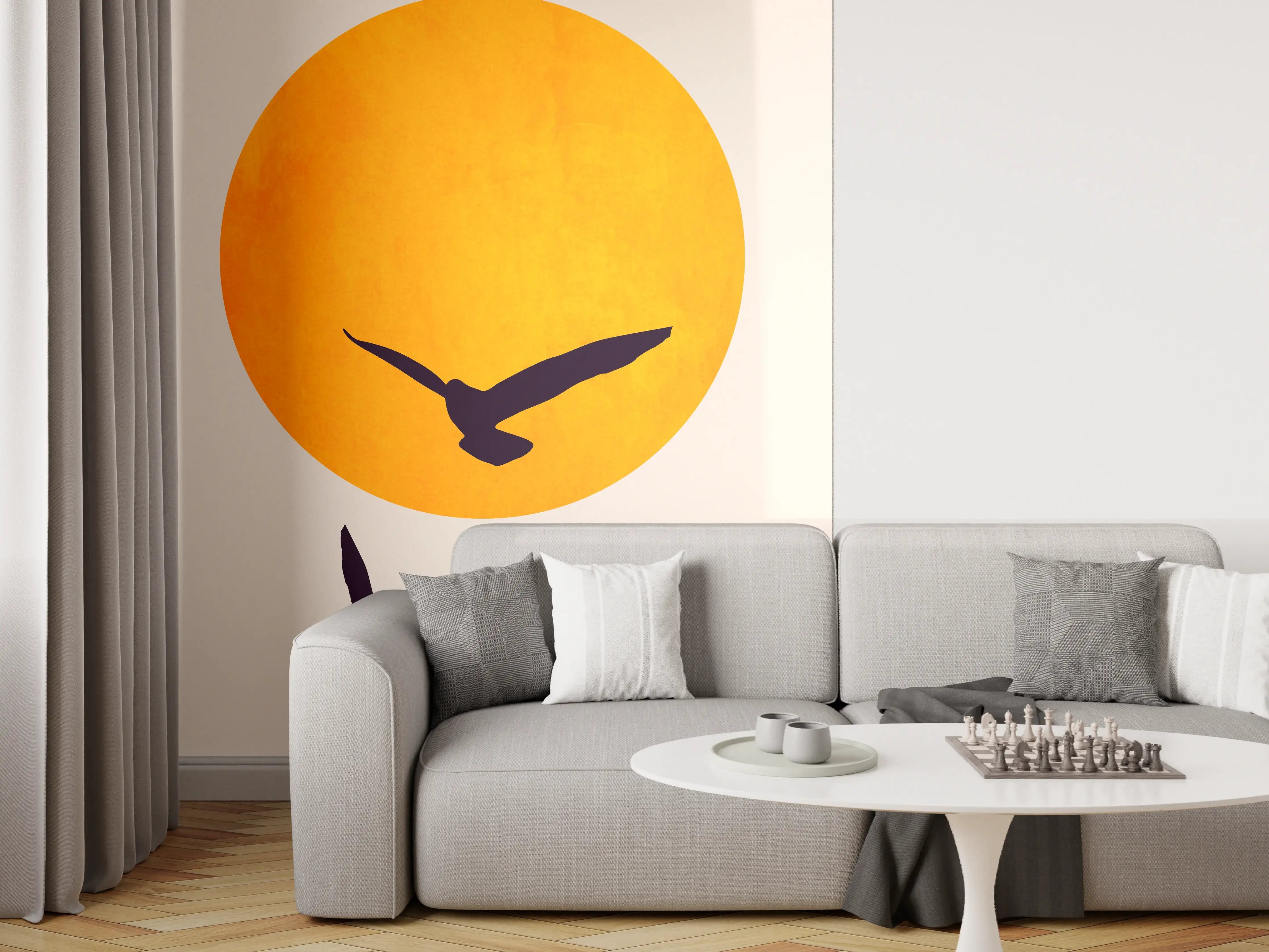 Wandverkleidung Wohnzimmer - Elegante Sonnenuntergangs-Silhouette mit Vögeln