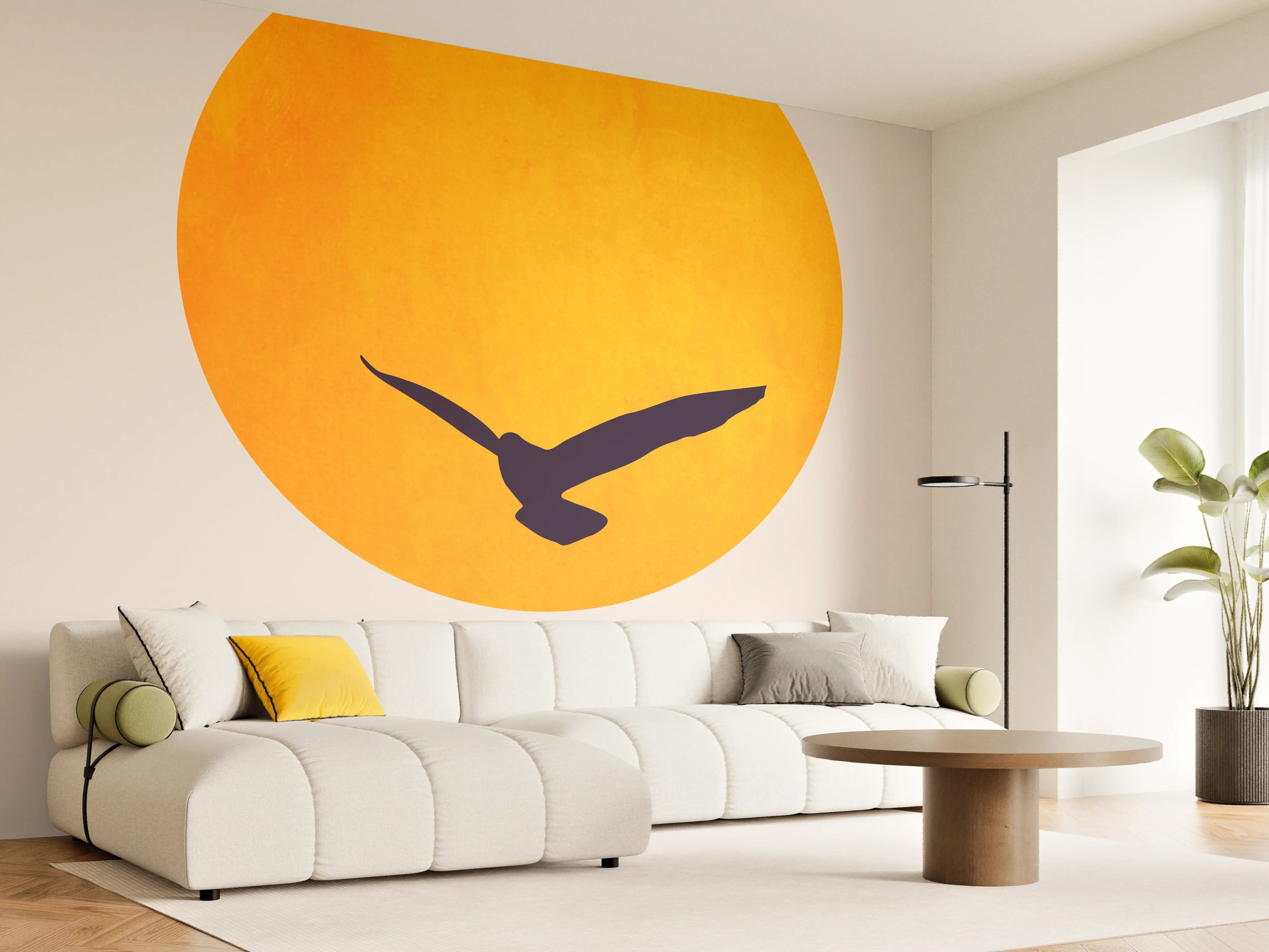 Wandverkleidung Wohnzimmer - Elegante Sonnenuntergangs-Silhouette mit Vögeln
