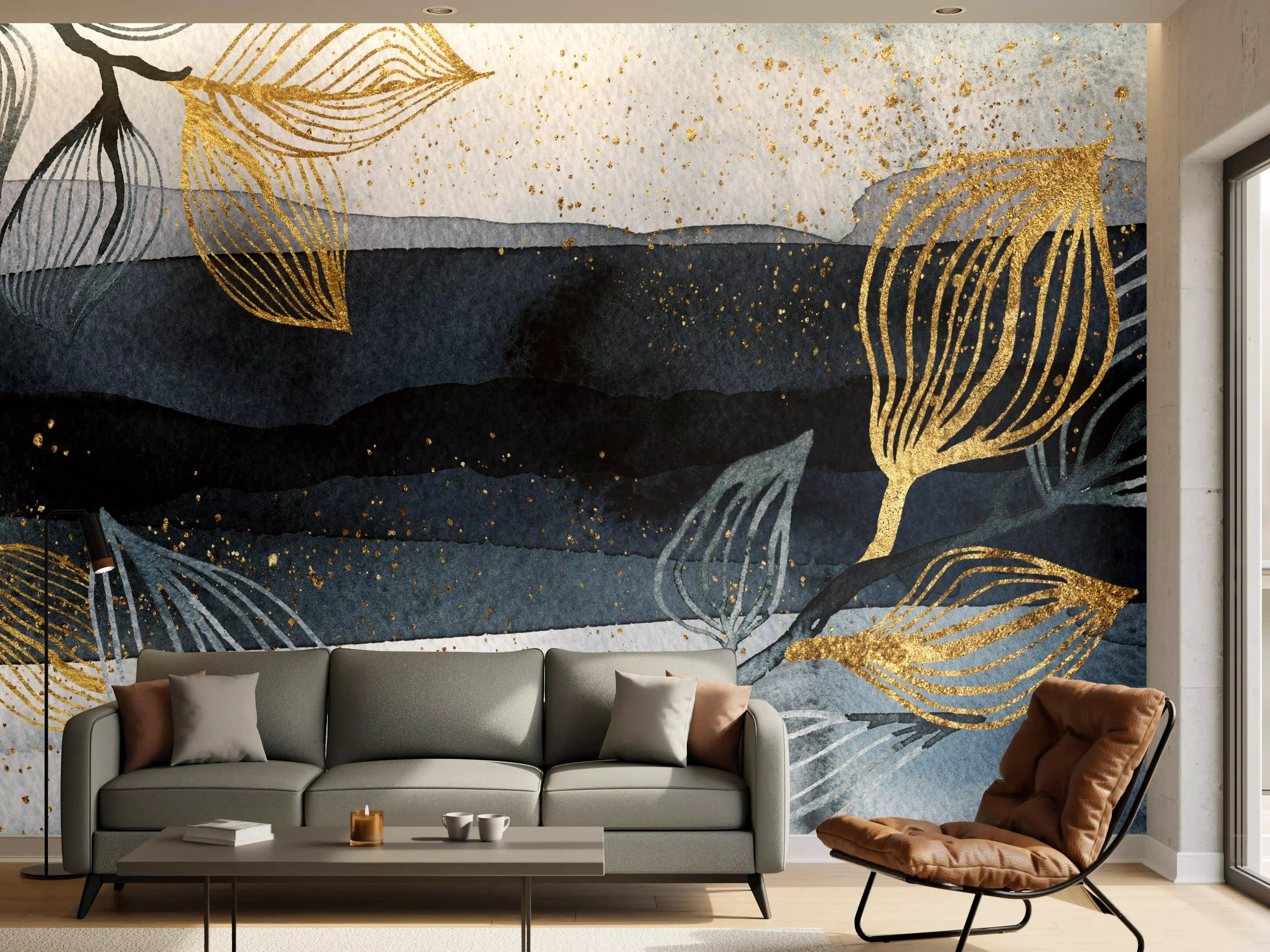 Wandverkleidung Wohnzimmer - Elegante Wasserfarben-Kunst mit Goldakzenten