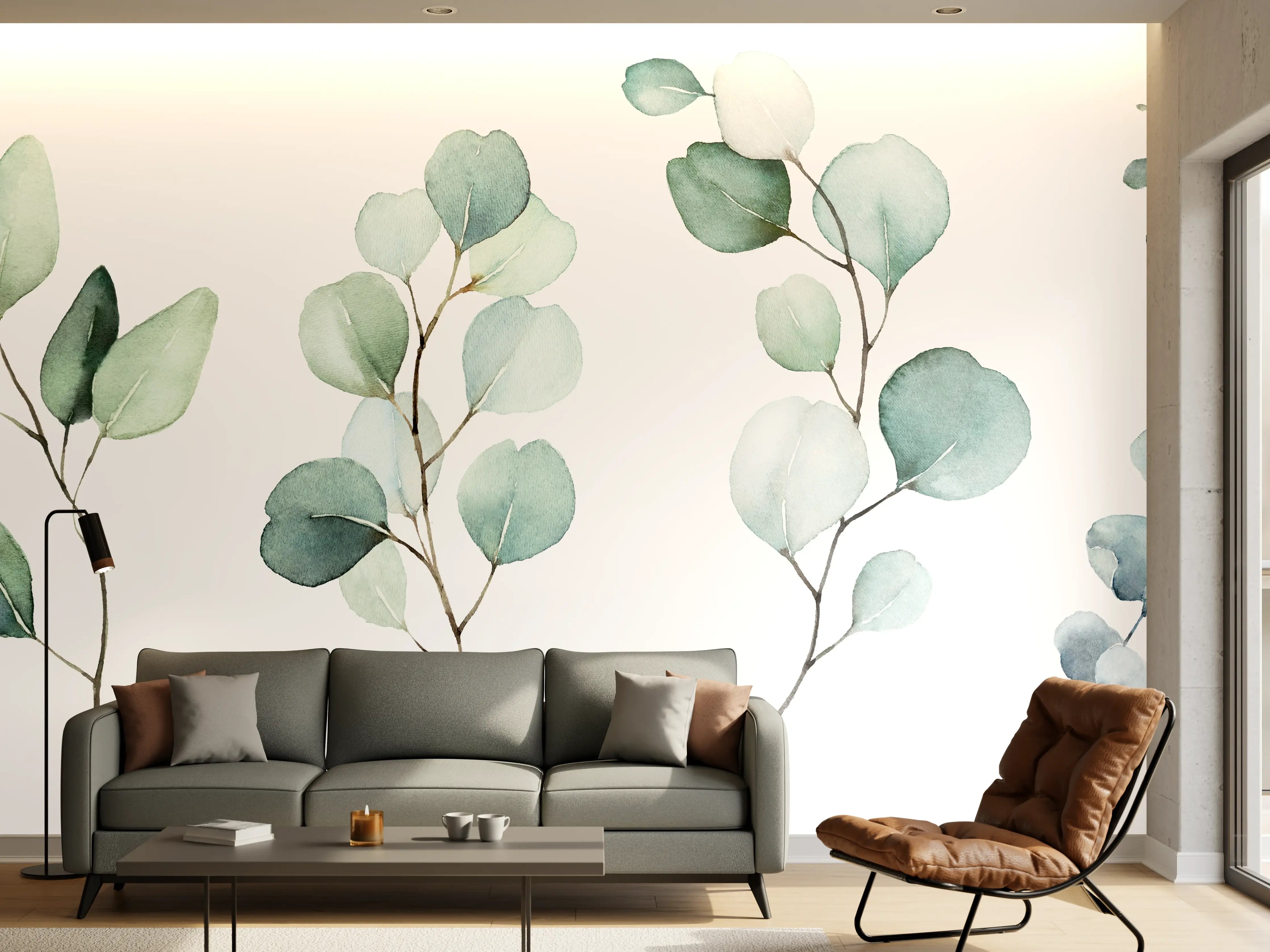 Wandverkleidung Wohnzimmer - Elegante Wasserfarbenteile mit zarten Grüntönen