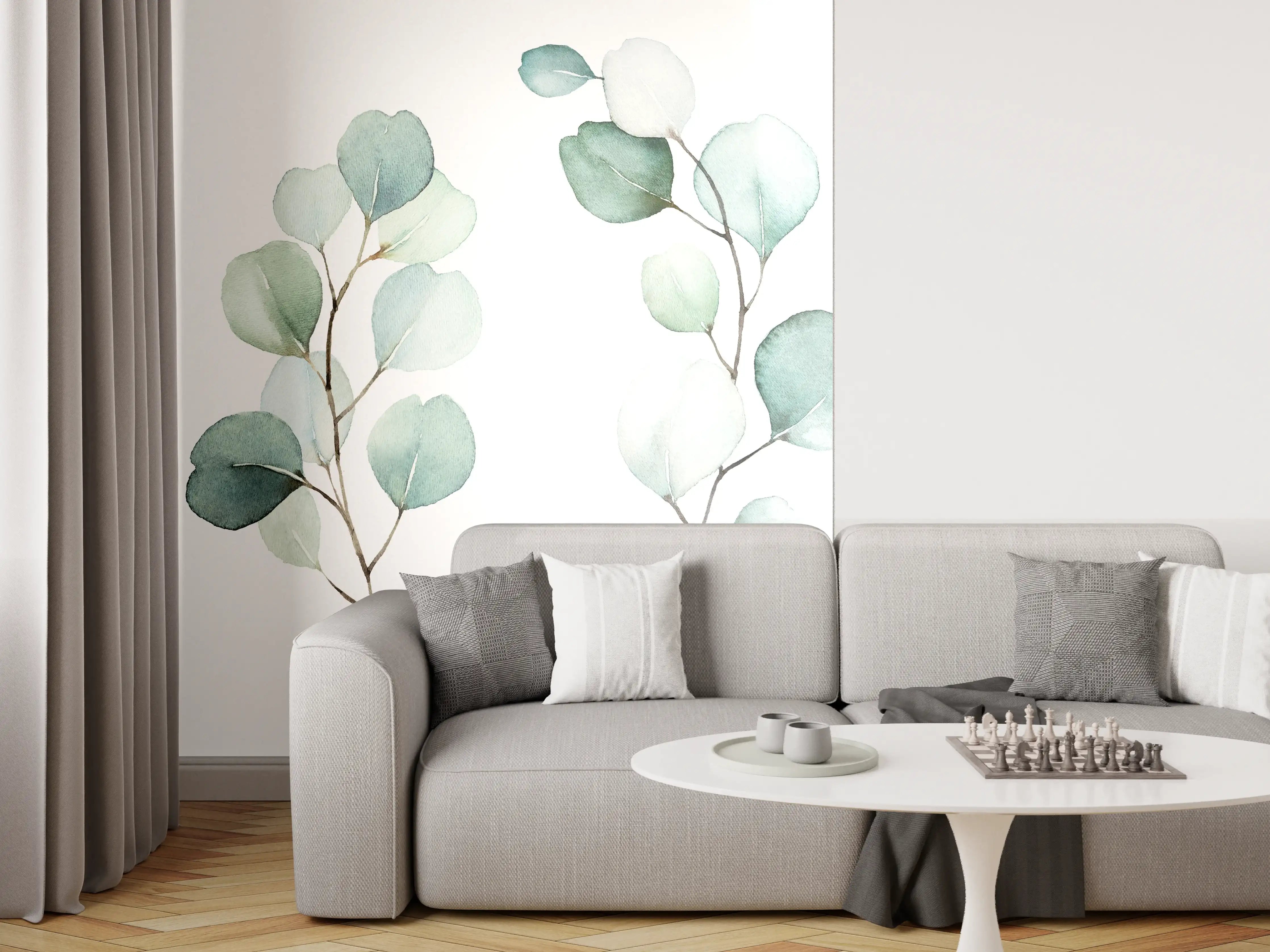 Wandverkleidung Wohnzimmer - Elegante Wasserfarbenteile mit zarten Grüntönen