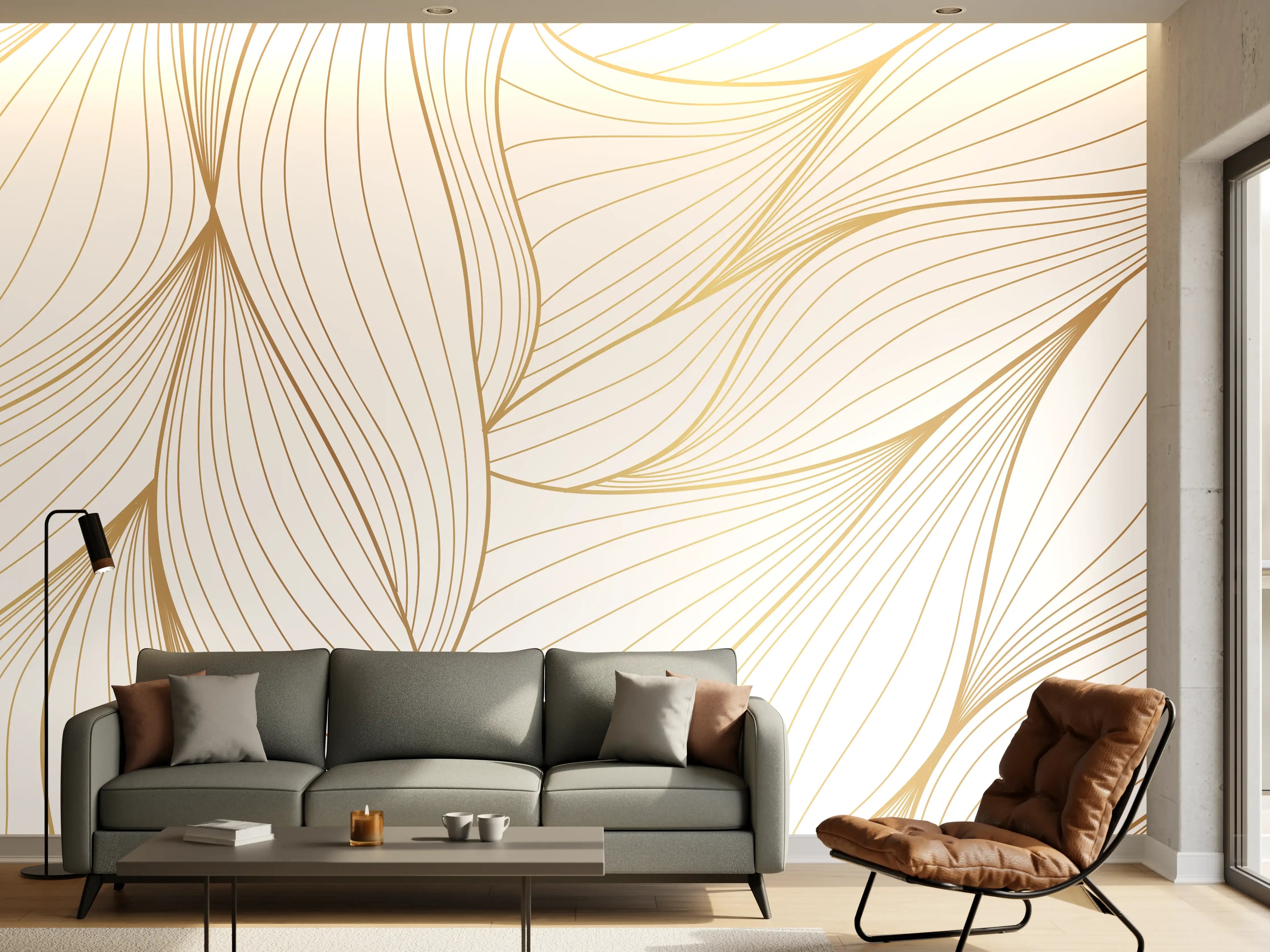 Wandverkleidung Wohnzimmer - Elegante Weiß-Beige Wellenlinien