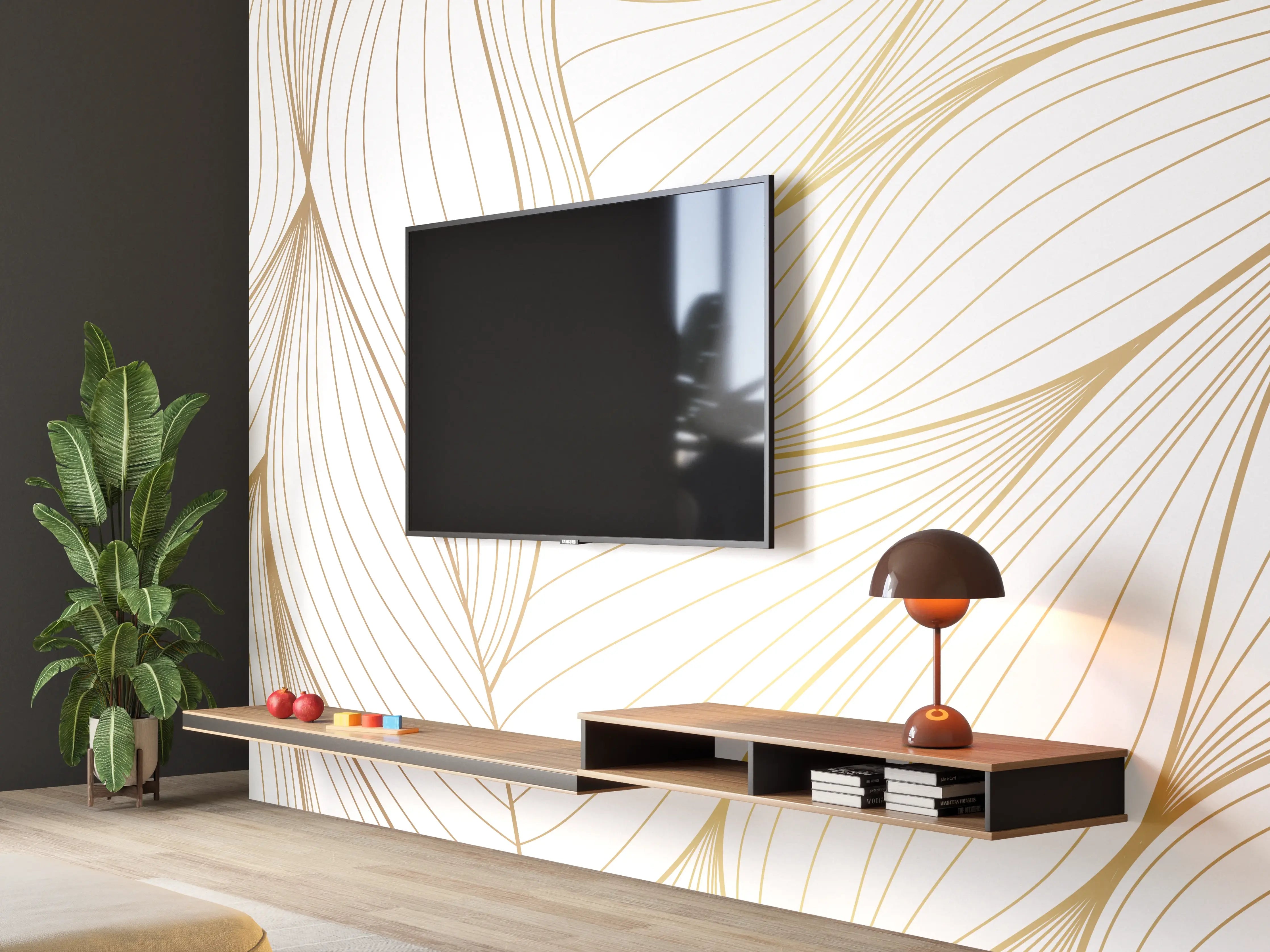 Wandverkleidung Wohnzimmer - Elegante Weiß-Beige Wellenlinien