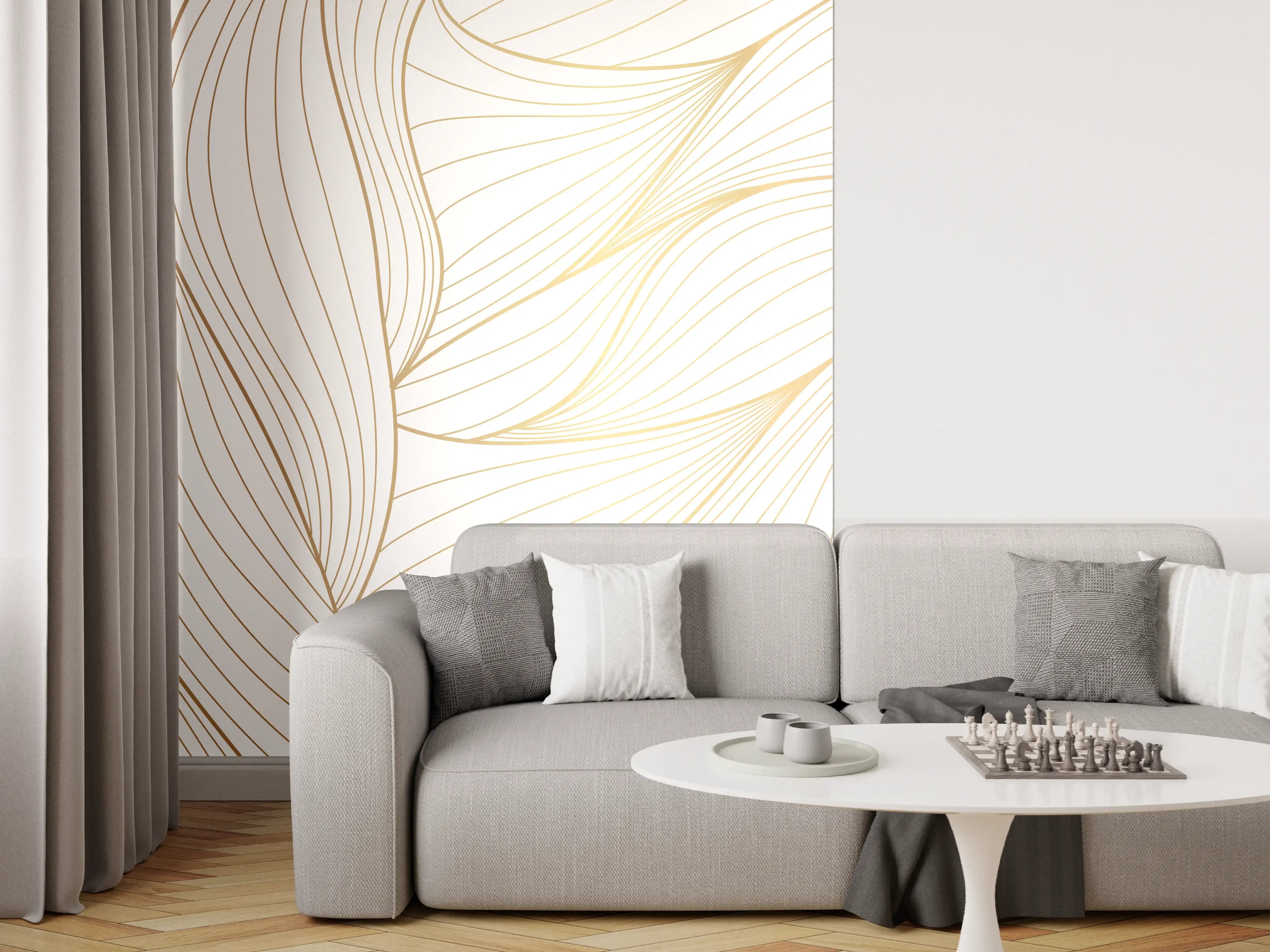 Wandverkleidung Wohnzimmer - Elegante Weiß-Beige Wellenlinien