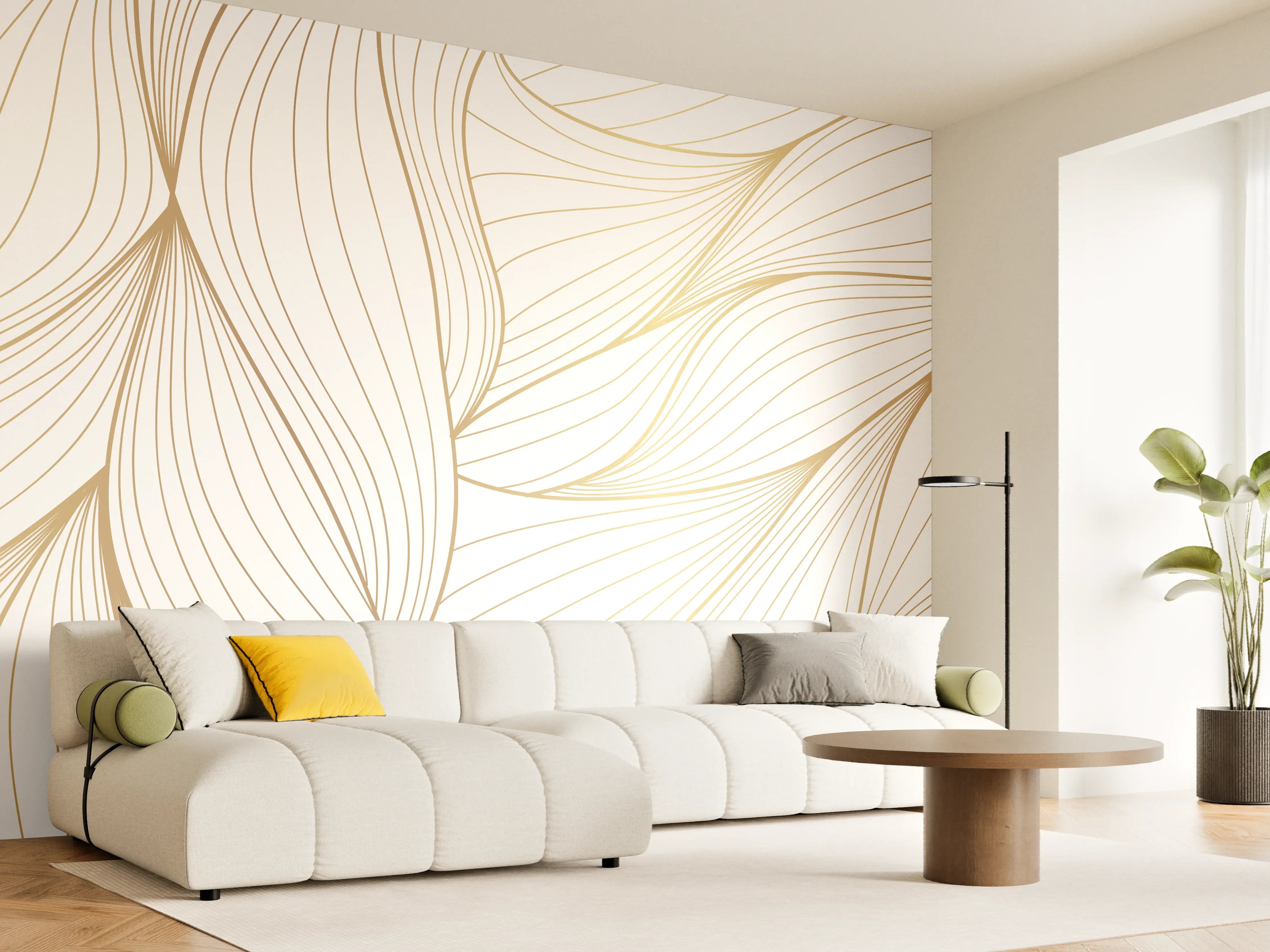 Wandverkleidung Wohnzimmer - Elegante Weiß-Beige Wellenlinien