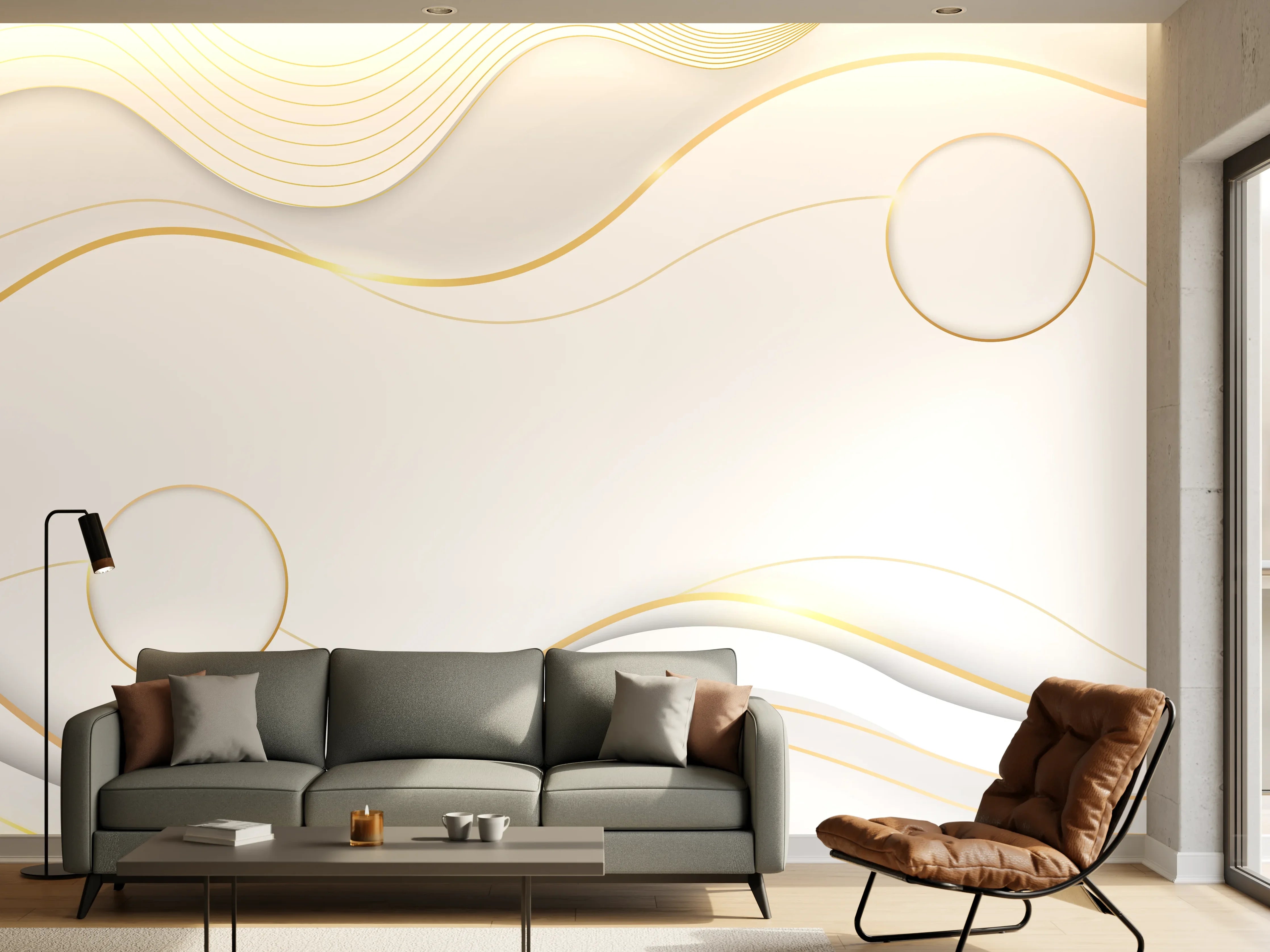 Wandverkleidung Wohnzimmer - Elegante Weiß-Gold Wellen-Design