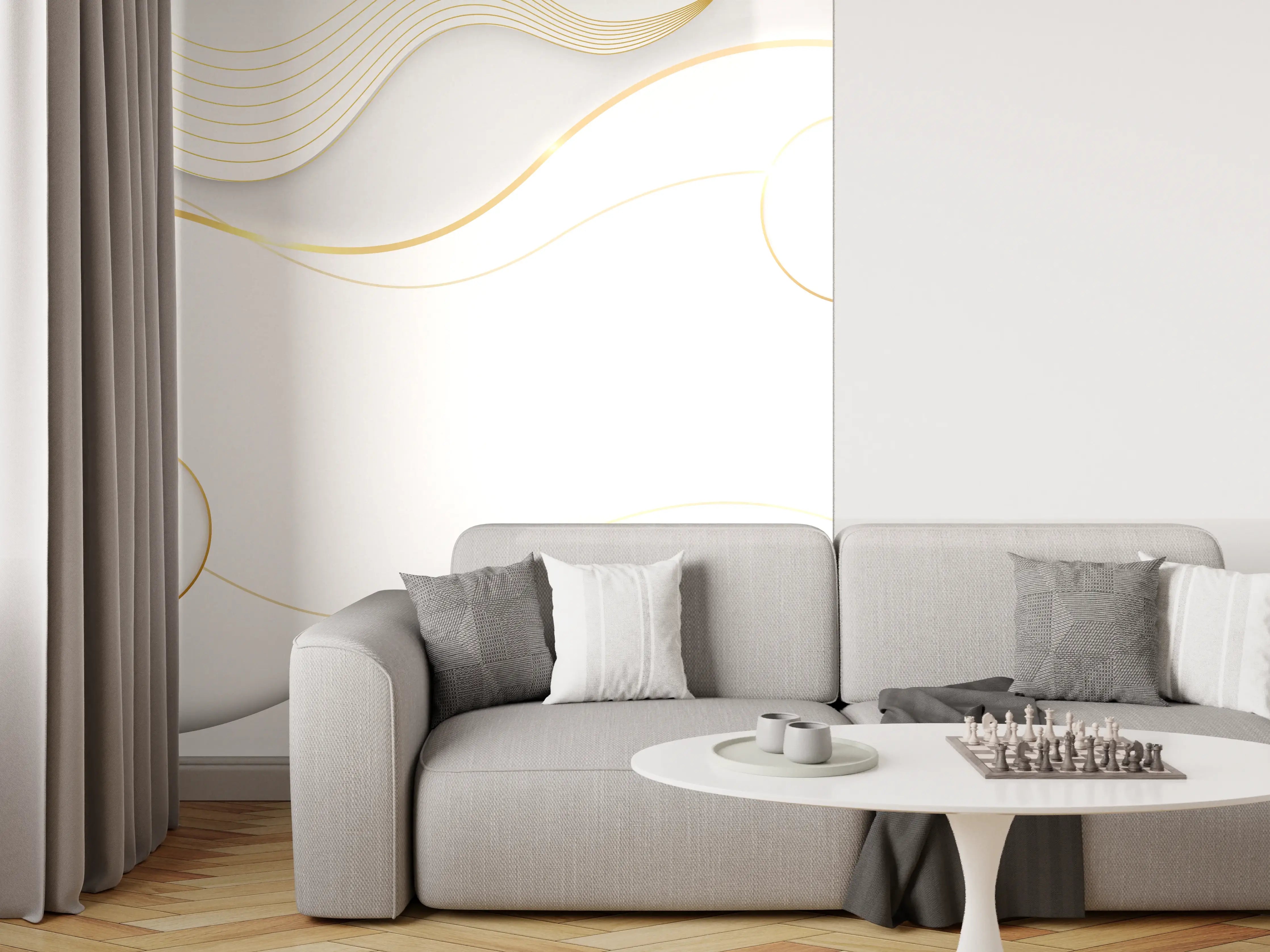 Wandverkleidung Wohnzimmer - Elegante Weiß-Gold Wellen-Design