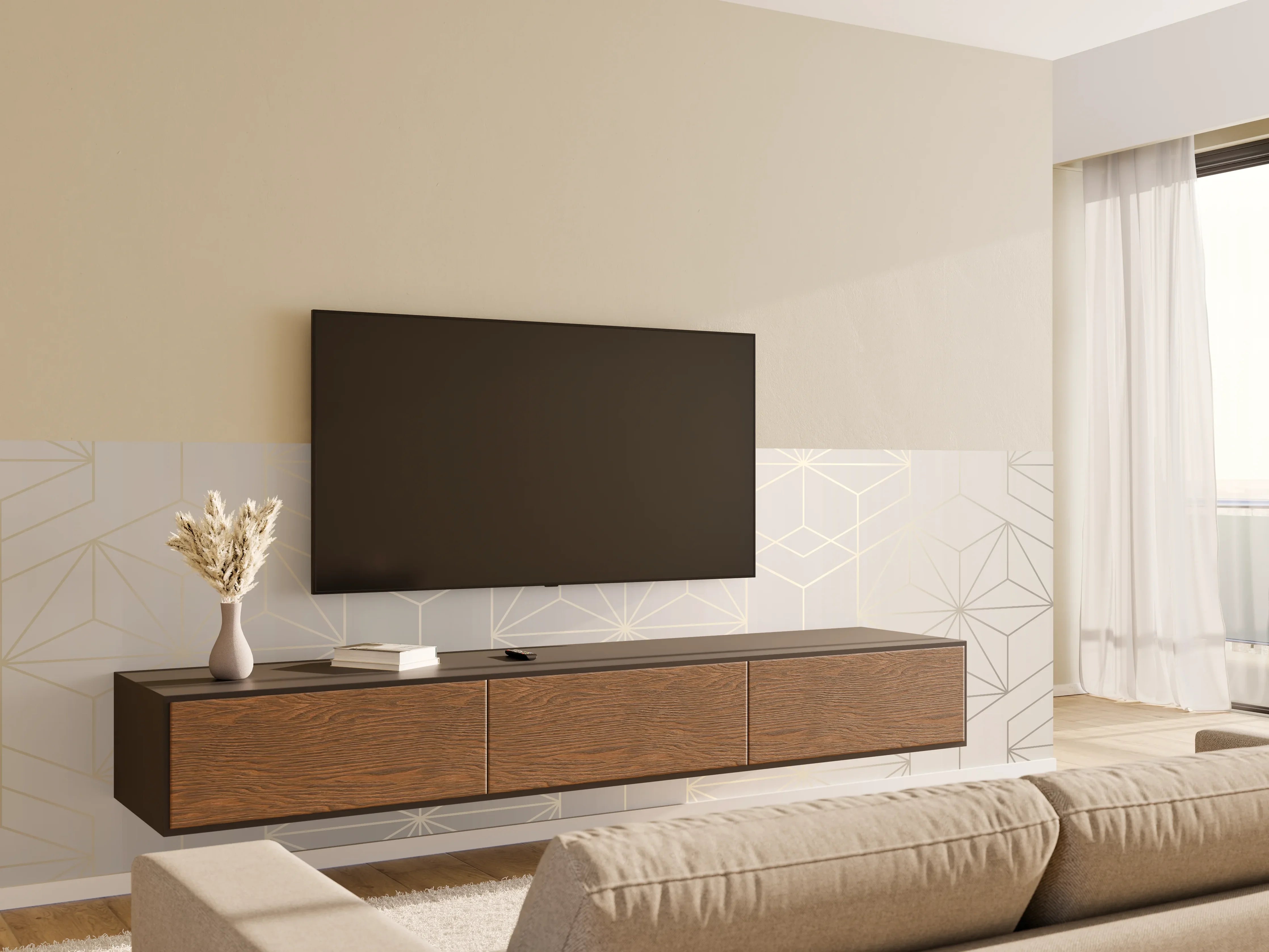 Wandverkleidung Wohnzimmer - Elegante Weiß-Grau-Geometrie