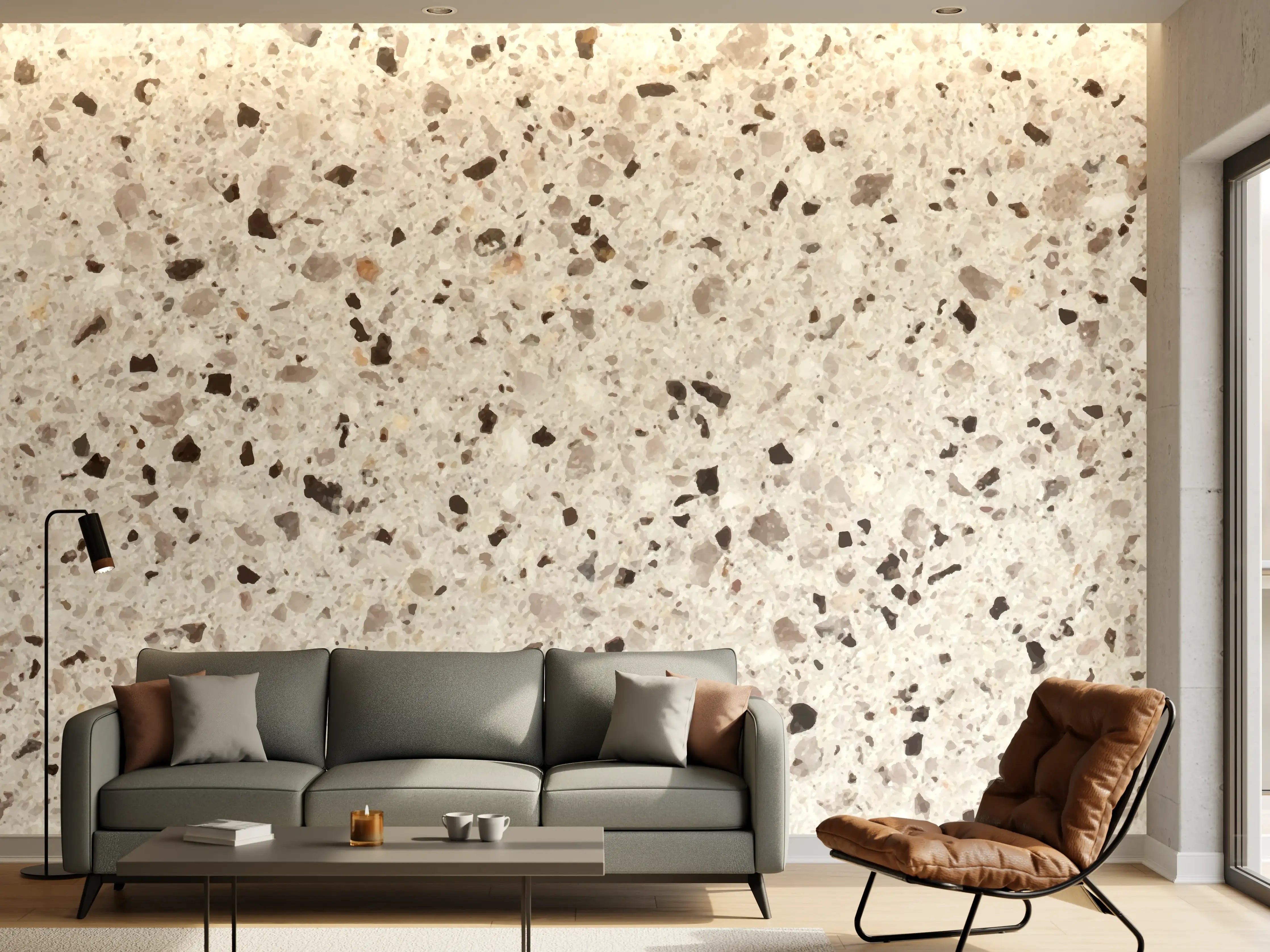 Wandverkleidung Wohnzimmer - Elegante Weiß-Grau Terrazzo-Optik