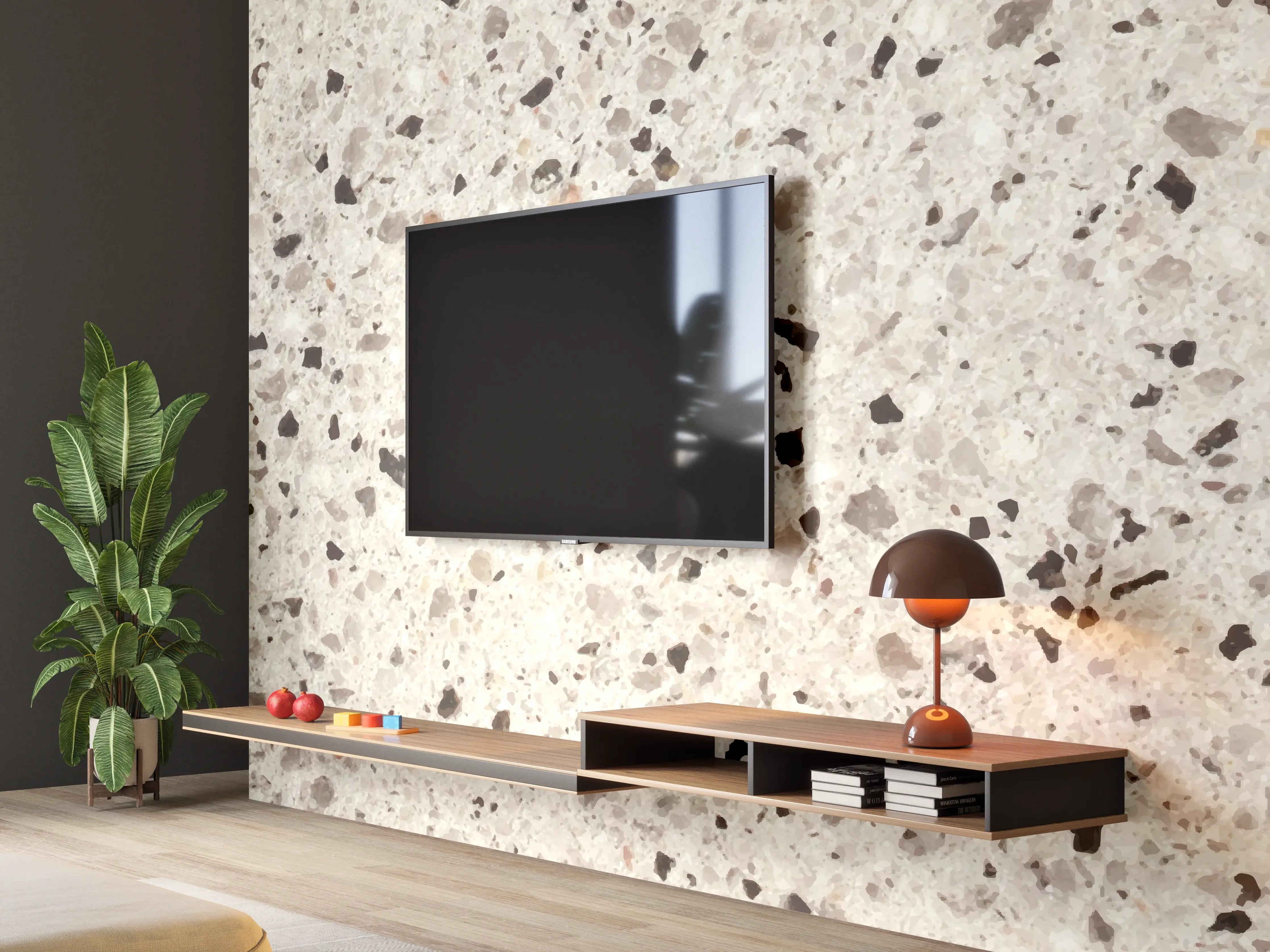 Wandverkleidung Wohnzimmer - Elegante Weiß-Grau Terrazzo-Optik