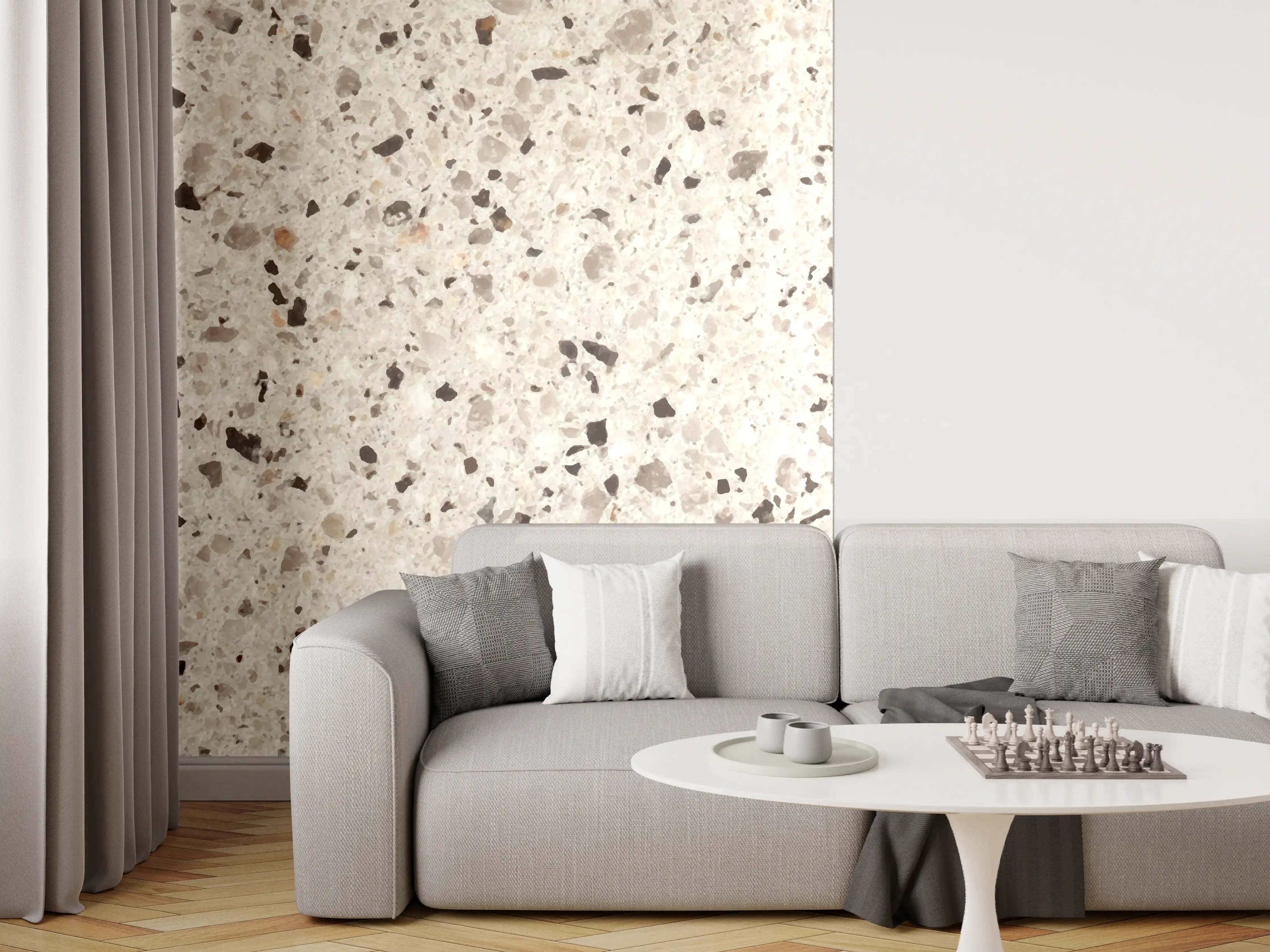 Wandverkleidung Wohnzimmer - Elegante Weiß-Grau Terrazzo-Optik