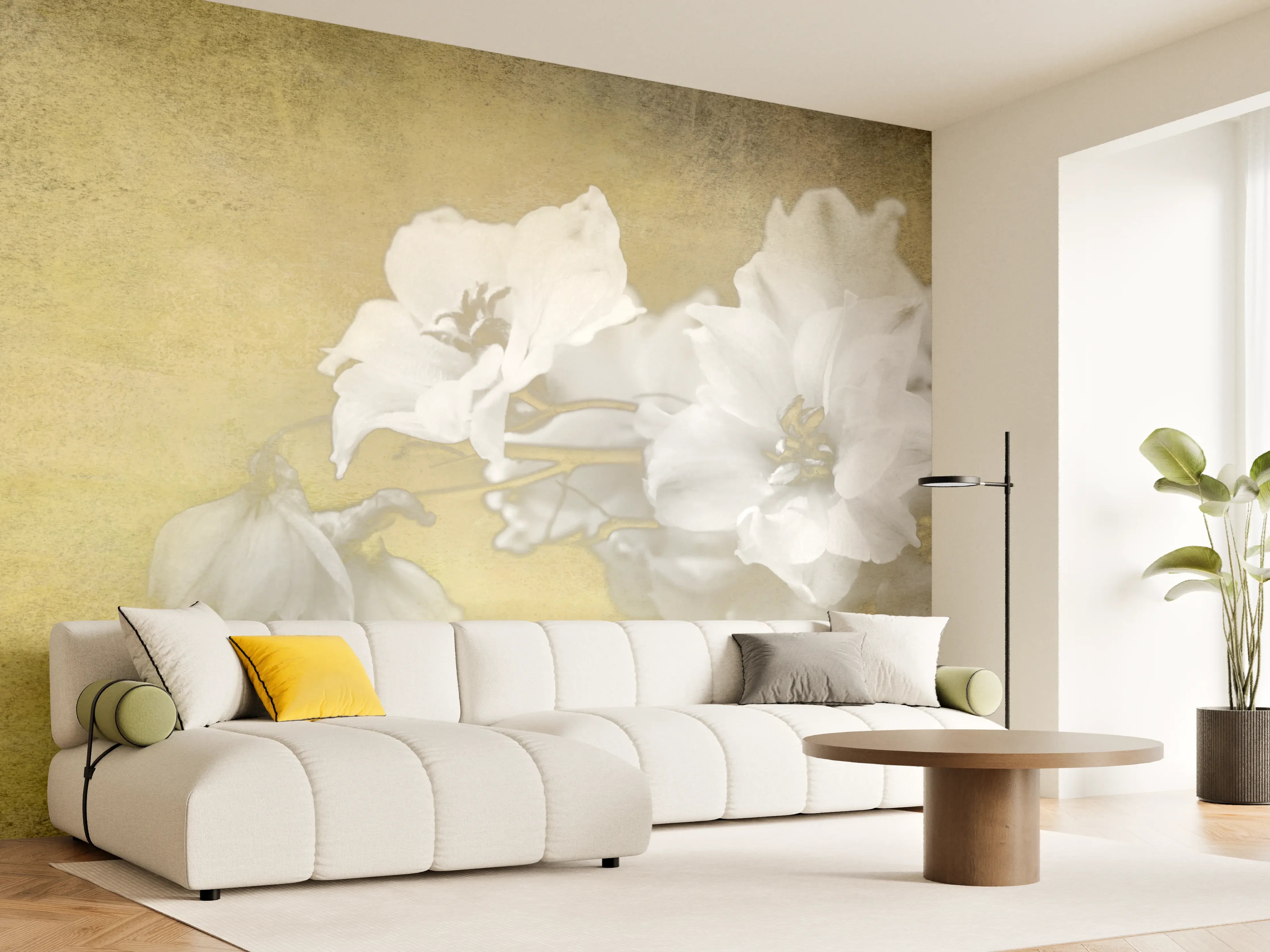 Wandverkleidung Wohnzimmer - Elegante Weiße Blumen auf Vintage-Hintergrund