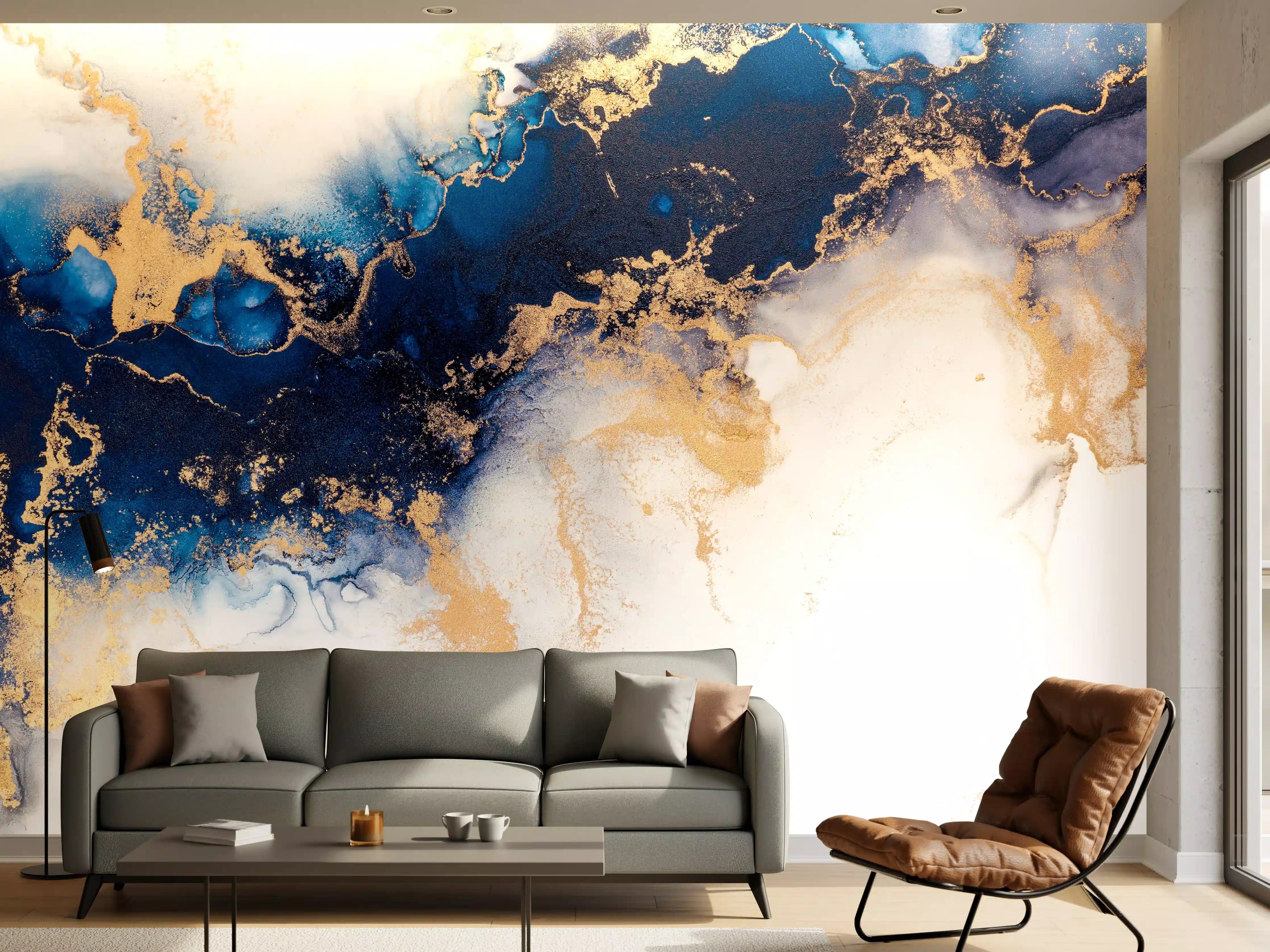 Wandverkleidung Wohnzimmer - Elegante abstrakte Kunst in Blau und Gold