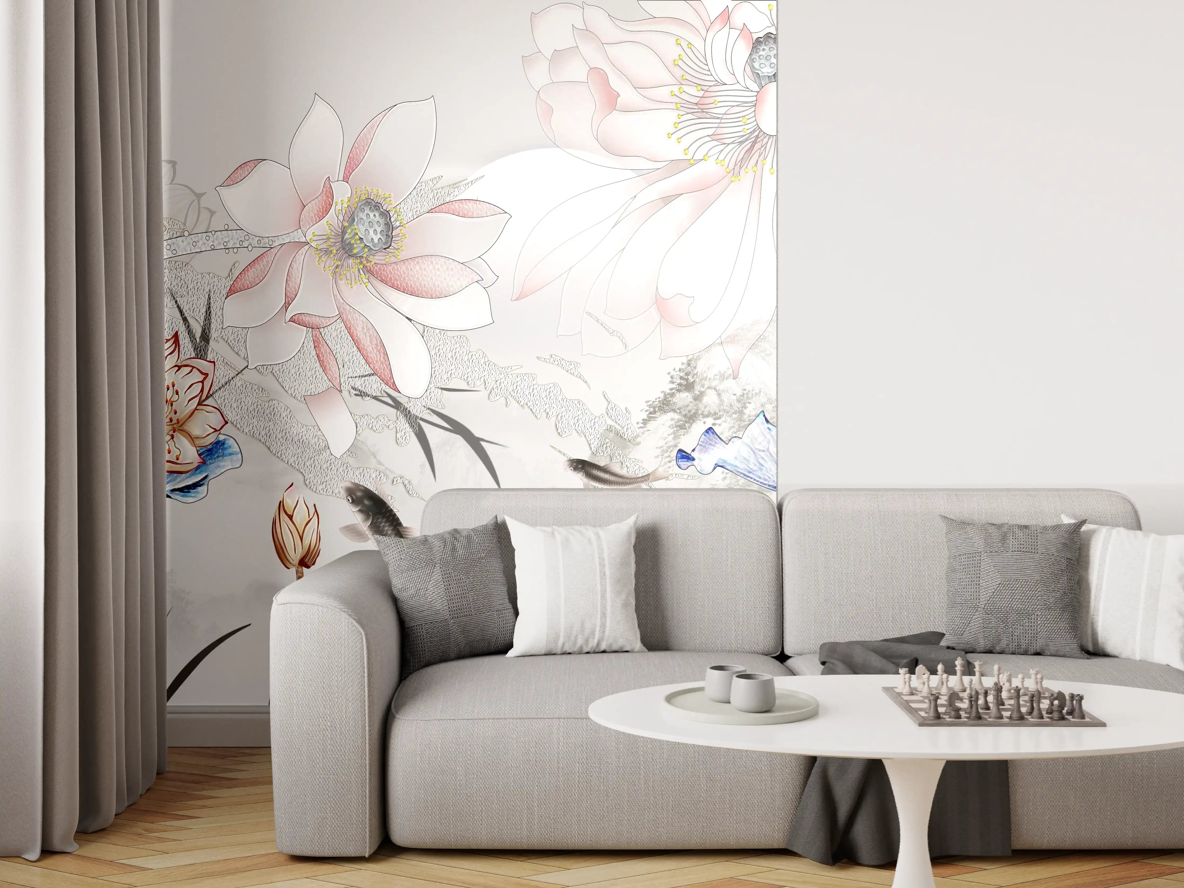 Wandverkleidung Wohnzimmer - Elegante asiatische Wasserlilien mit Fischen
