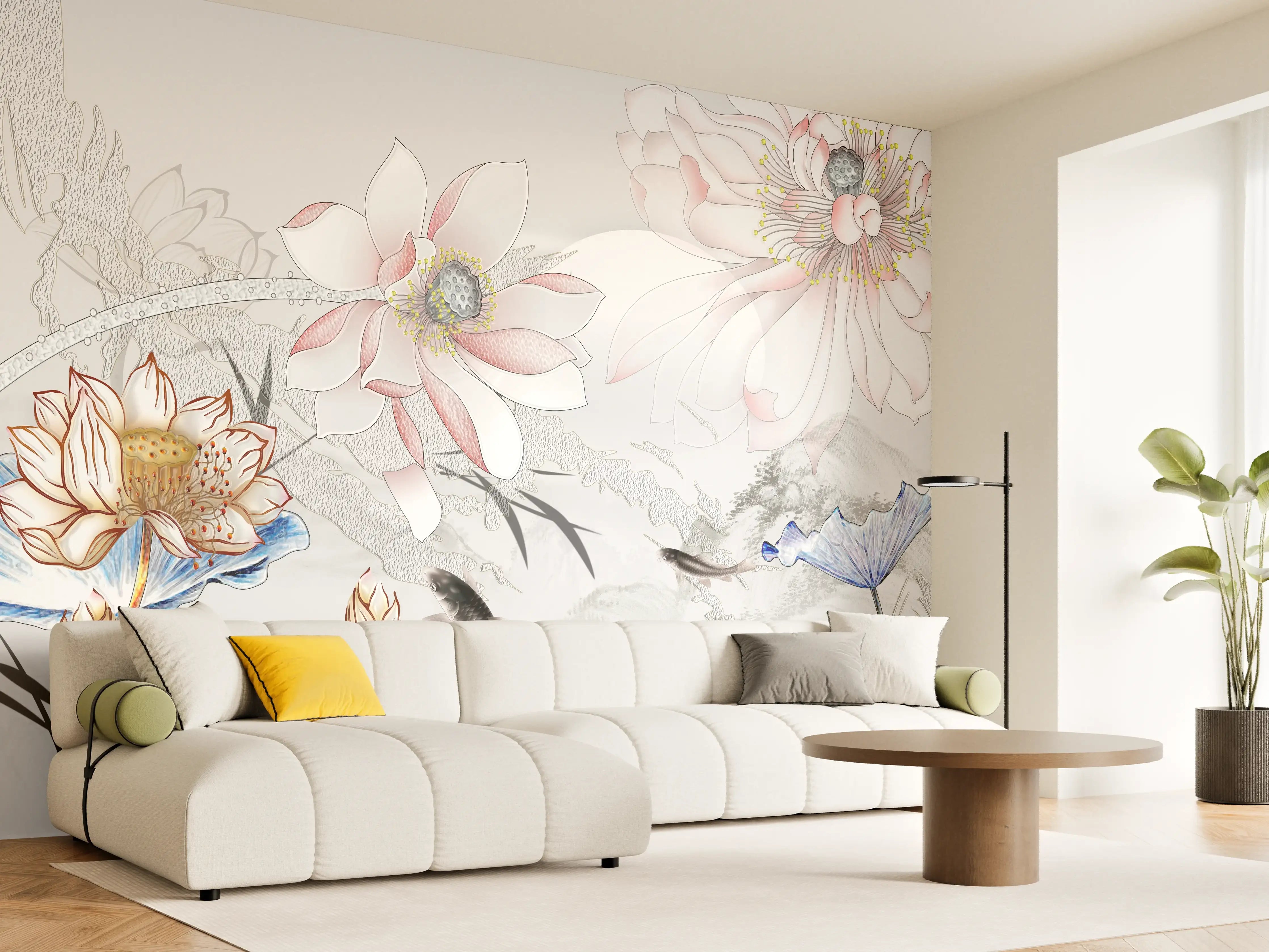 Wandverkleidung Wohnzimmer - Elegante asiatische Wasserlilien mit Fischen