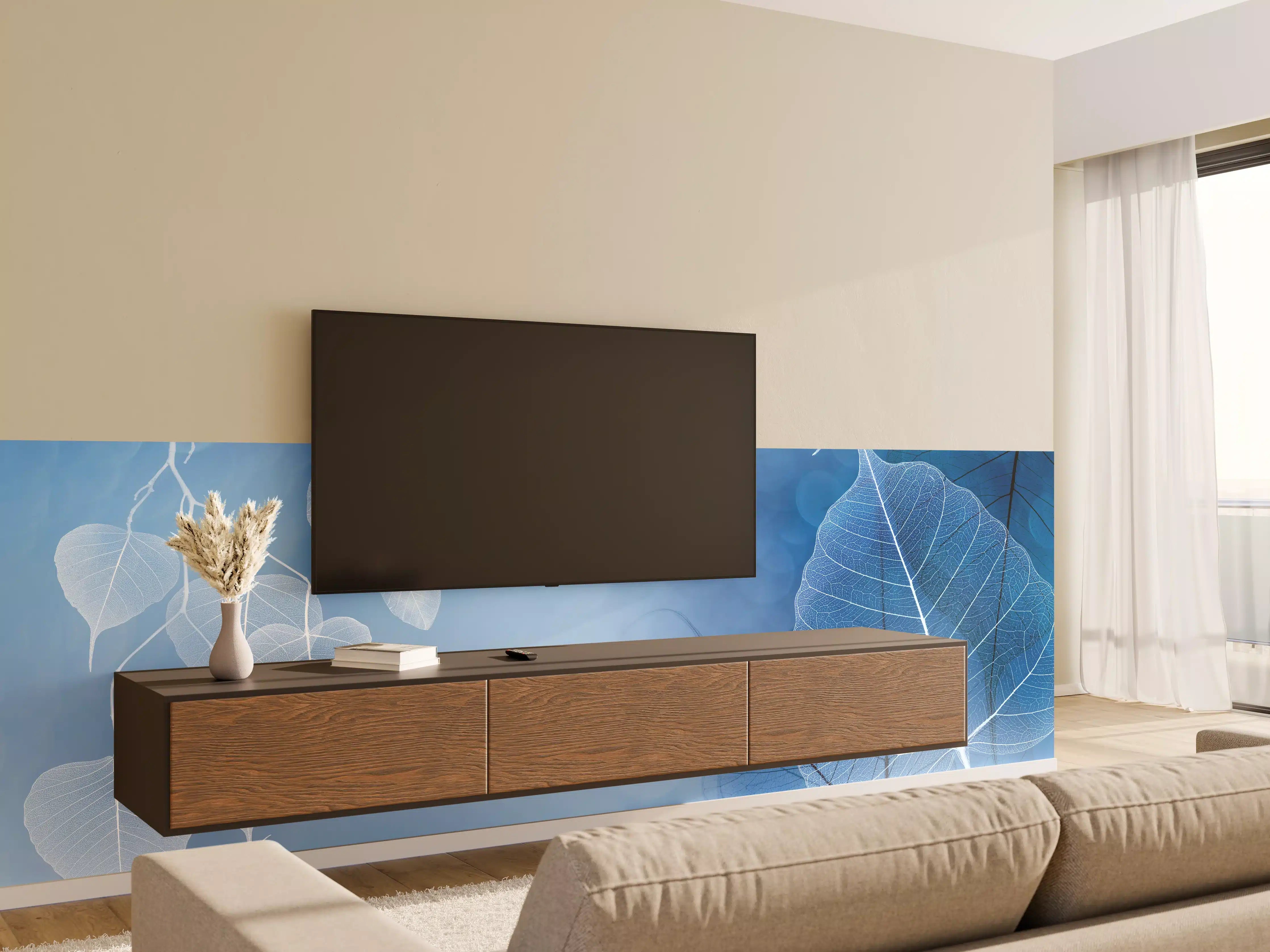 Wandverkleidung Wohnzimmer - Elegante blaue Blätter im Detail