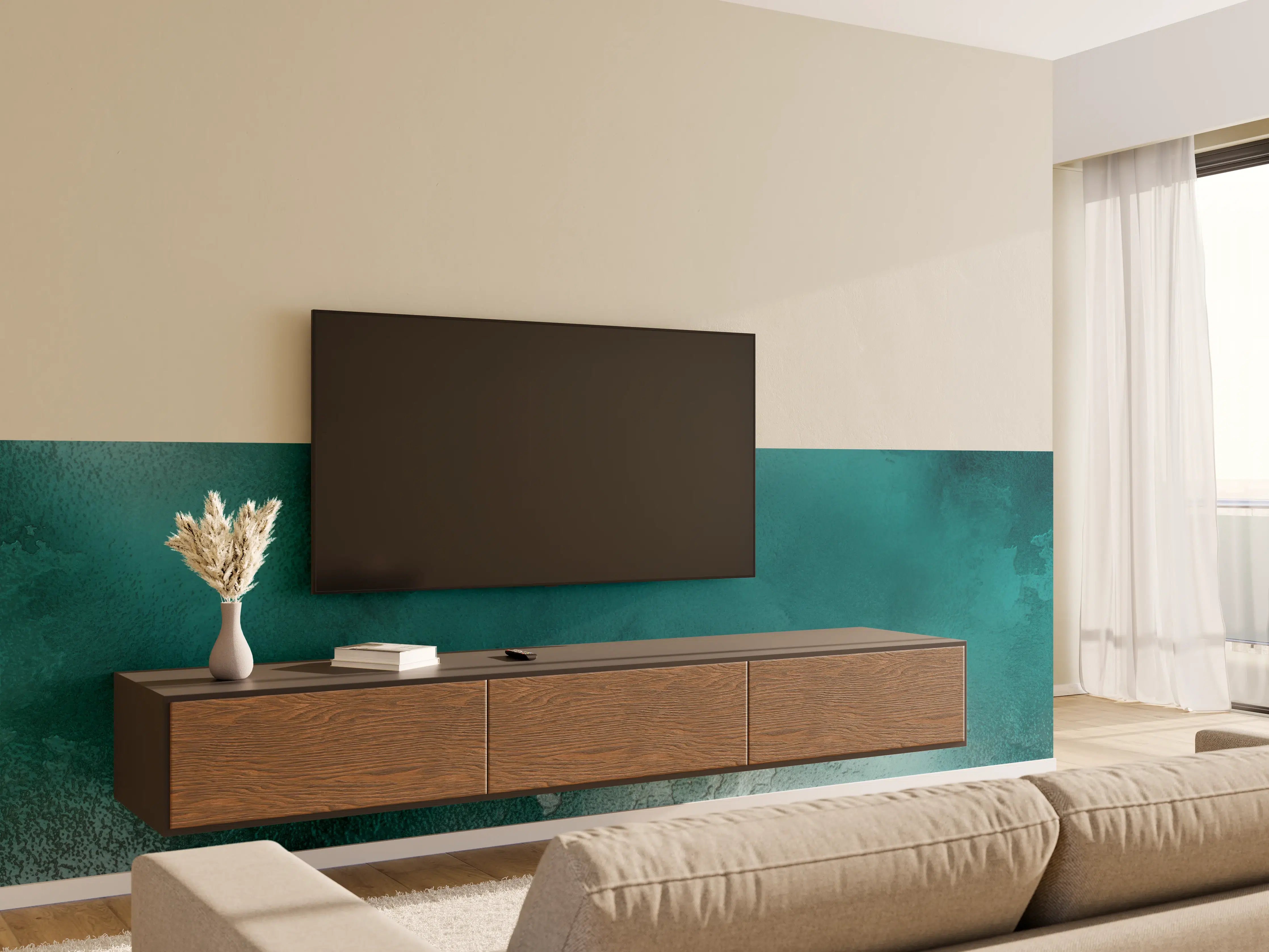 Wandverkleidung Wohnzimmer - Elegante dunkelgrüne Wasserfarbengestaltung