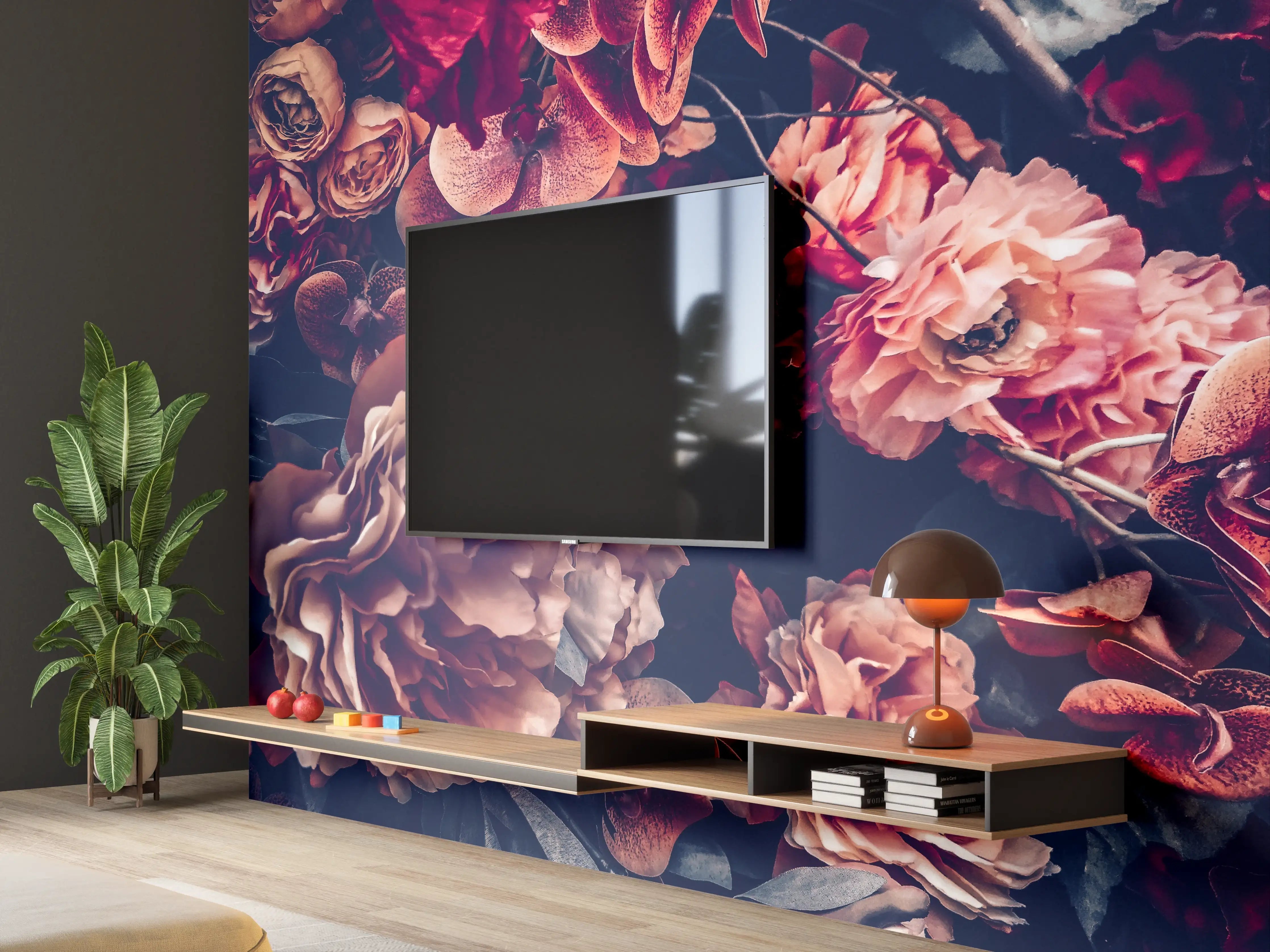 Wandverkleidung Wohnzimmer - Elegante dunkle Blumenarrangement