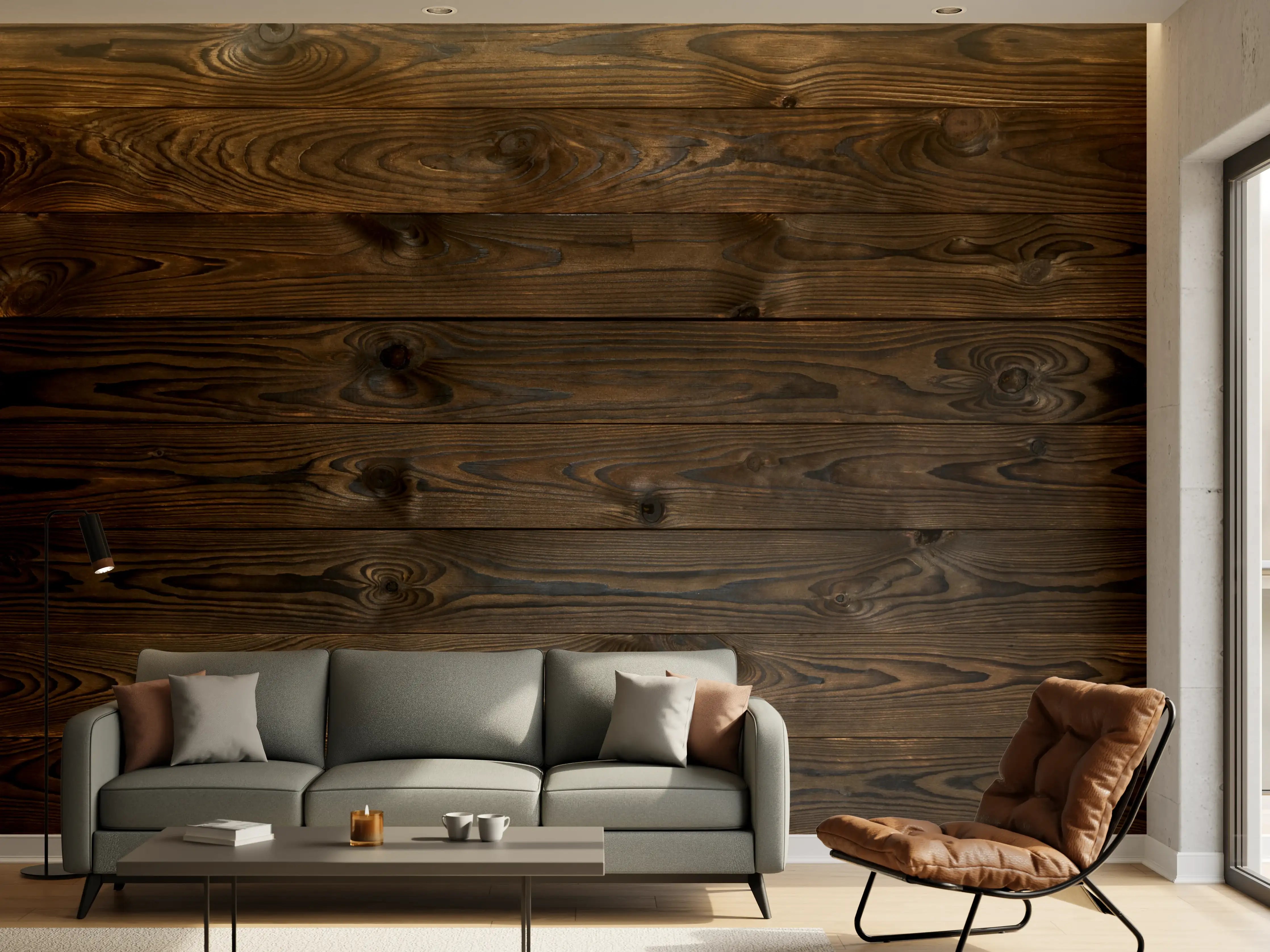 Wandverkleidung Wohnzimmer - Elegante dunkle Holzbodenoptik