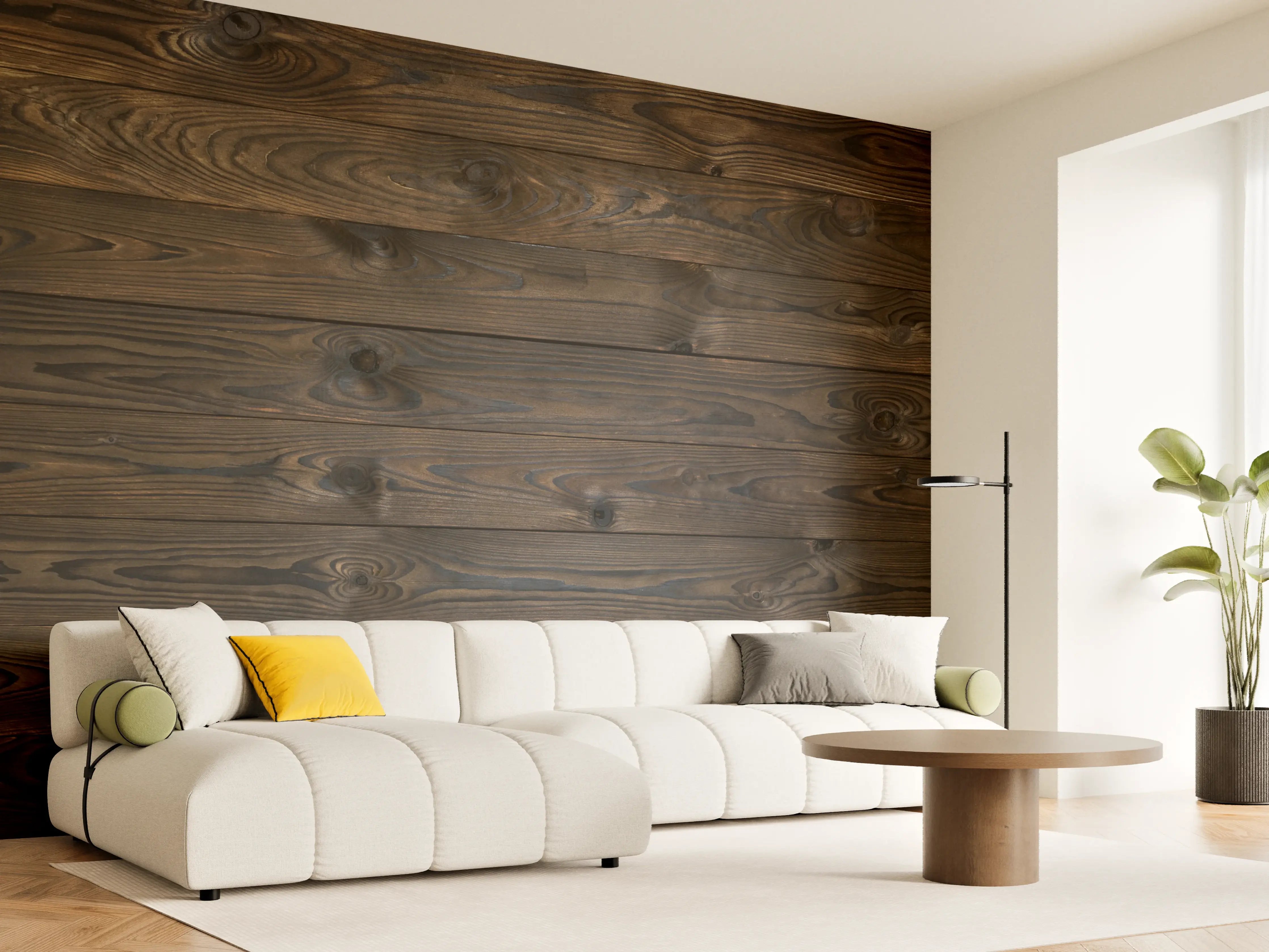 Wandverkleidung Wohnzimmer - Elegante dunkle Holzbodenoptik
