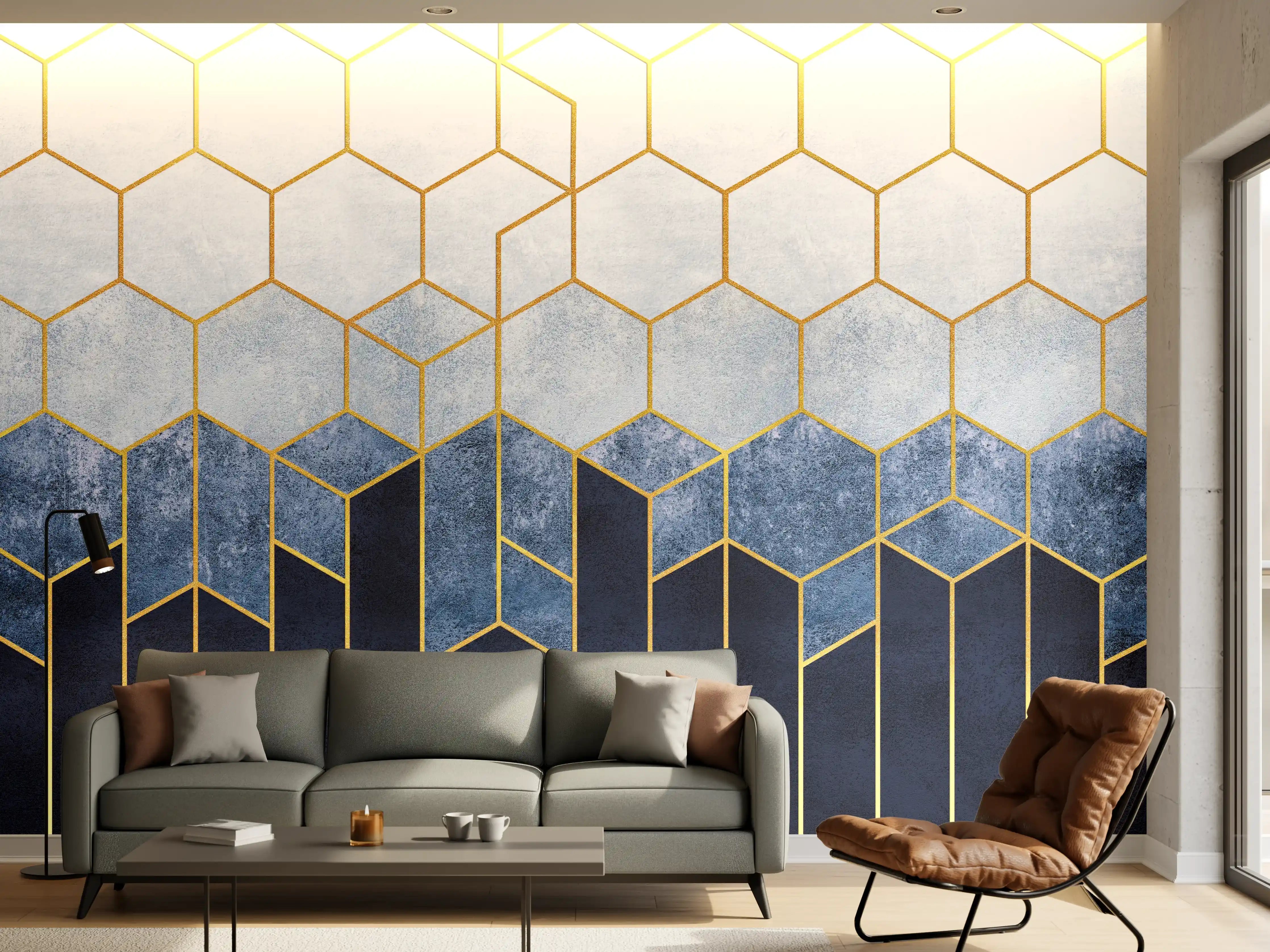 Wandverkleidung Wohnzimmer - Elegante geometrische Wandgestaltung mit Goldakzenten