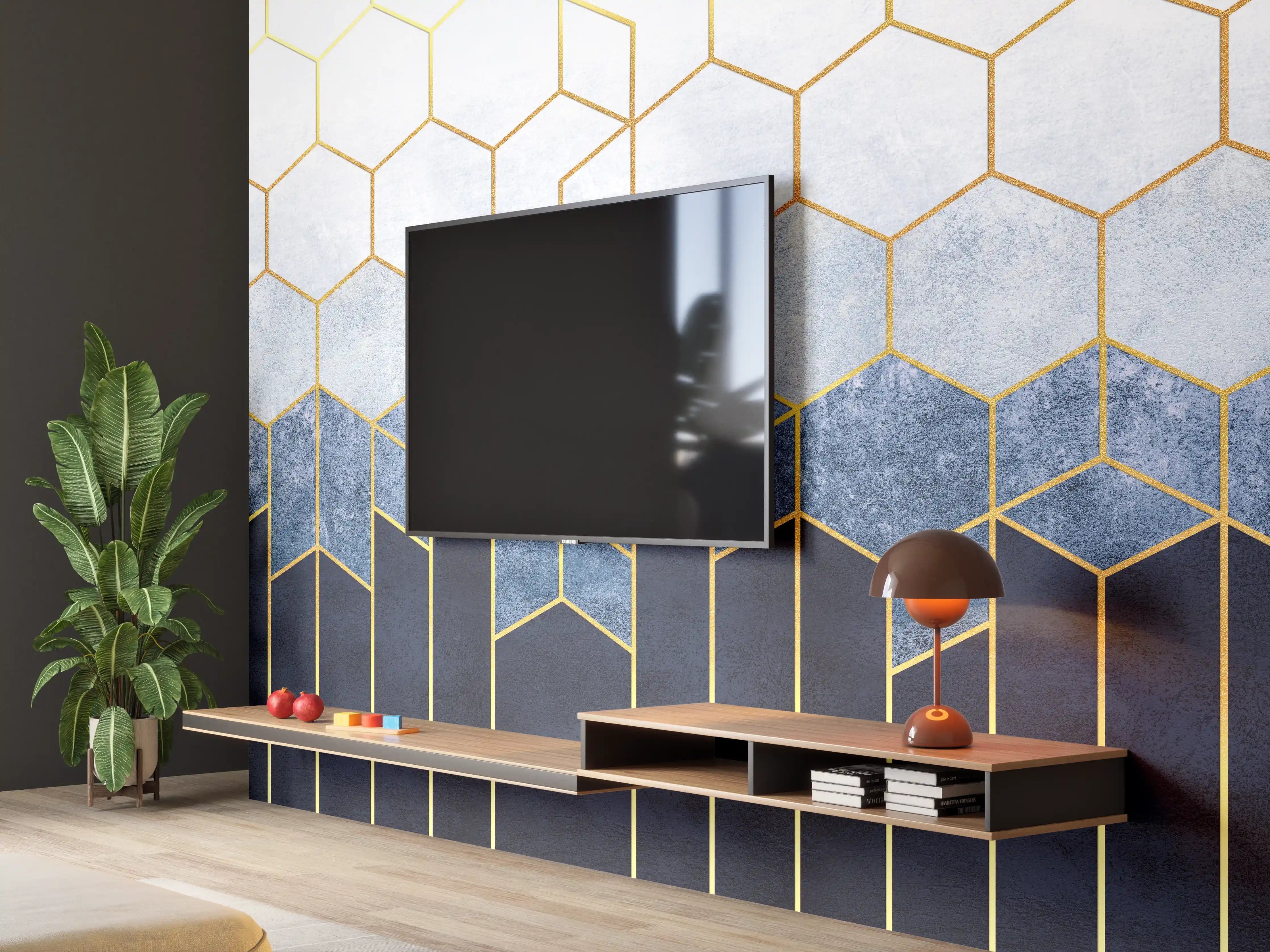 Wandverkleidung Wohnzimmer - Elegante geometrische Wandgestaltung mit Goldakzenten