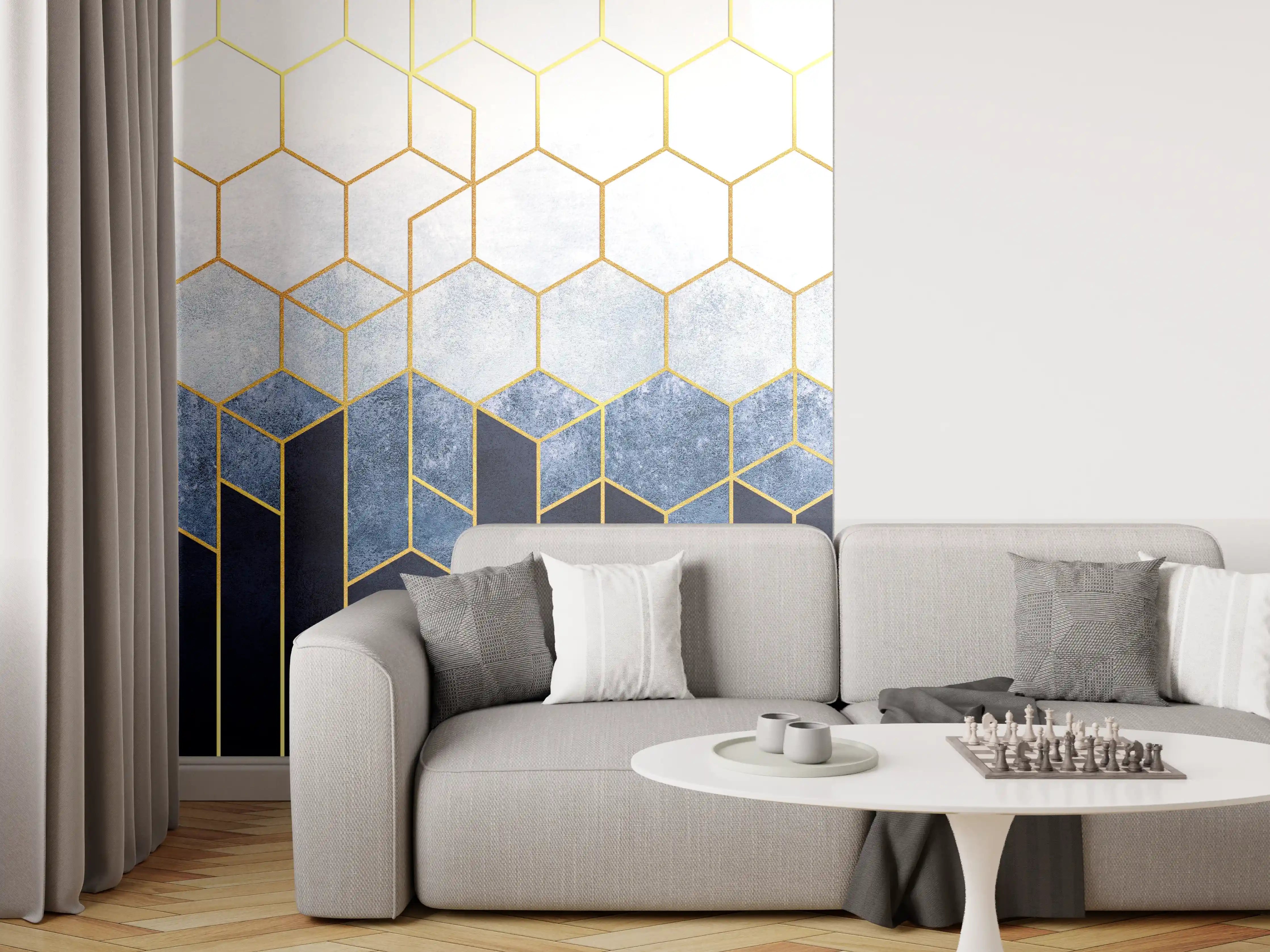 Wandverkleidung Wohnzimmer - Elegante geometrische Wandgestaltung mit Goldakzenten