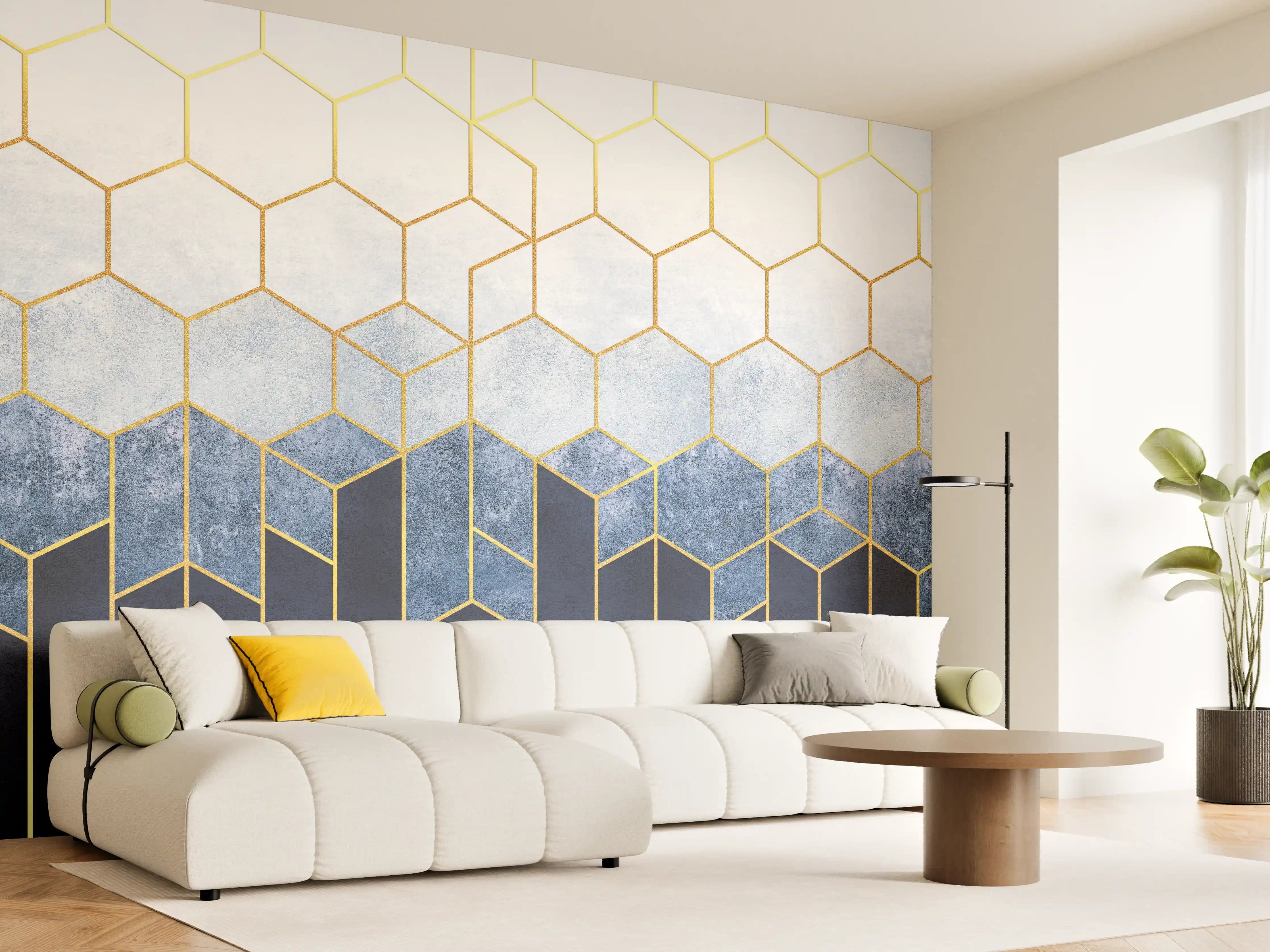 Wandverkleidung Wohnzimmer - Elegante geometrische Wandgestaltung mit Goldakzenten