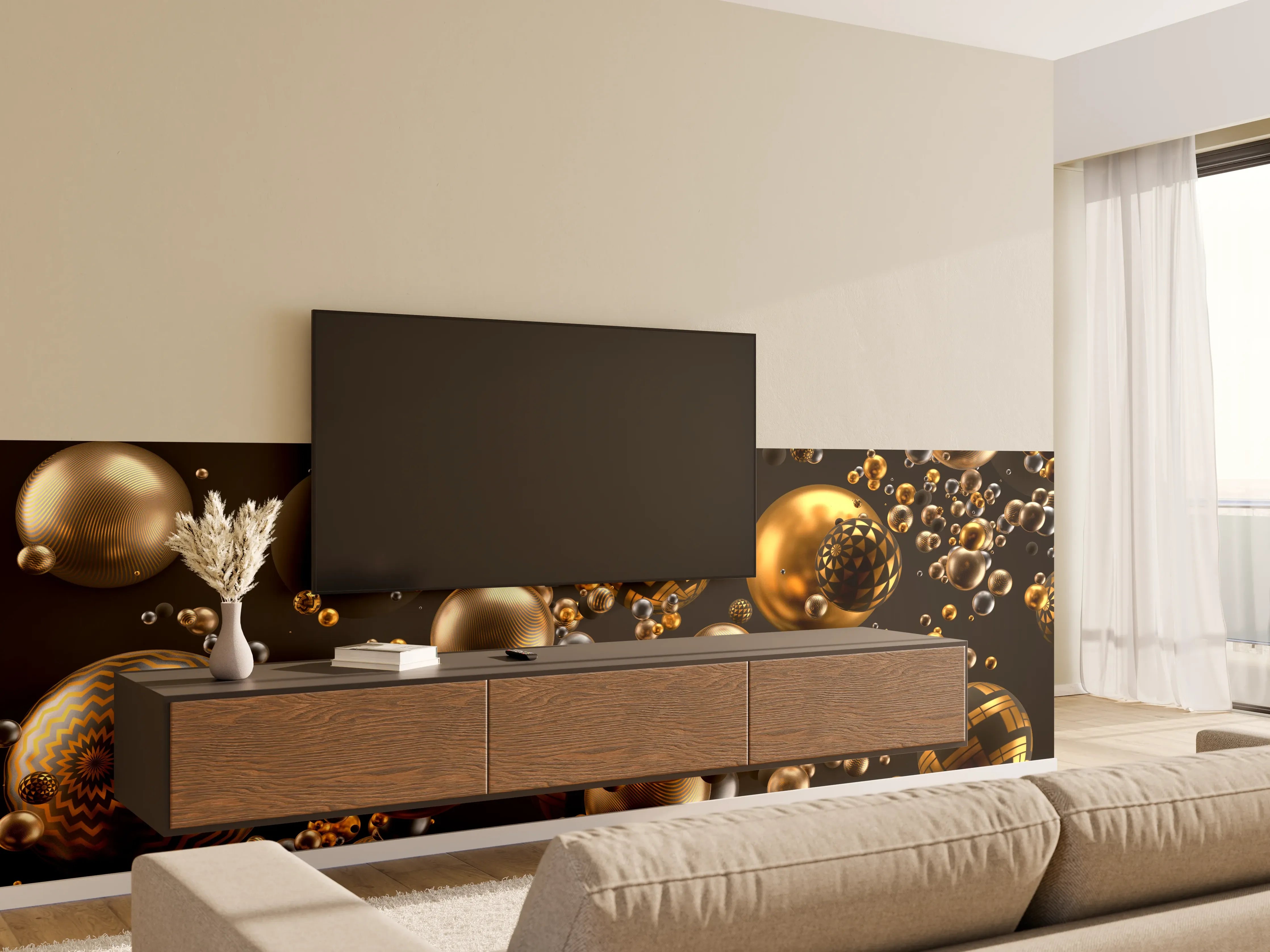 Wandverkleidung Wohnzimmer - Elegante goldene und schwarze Kugeln