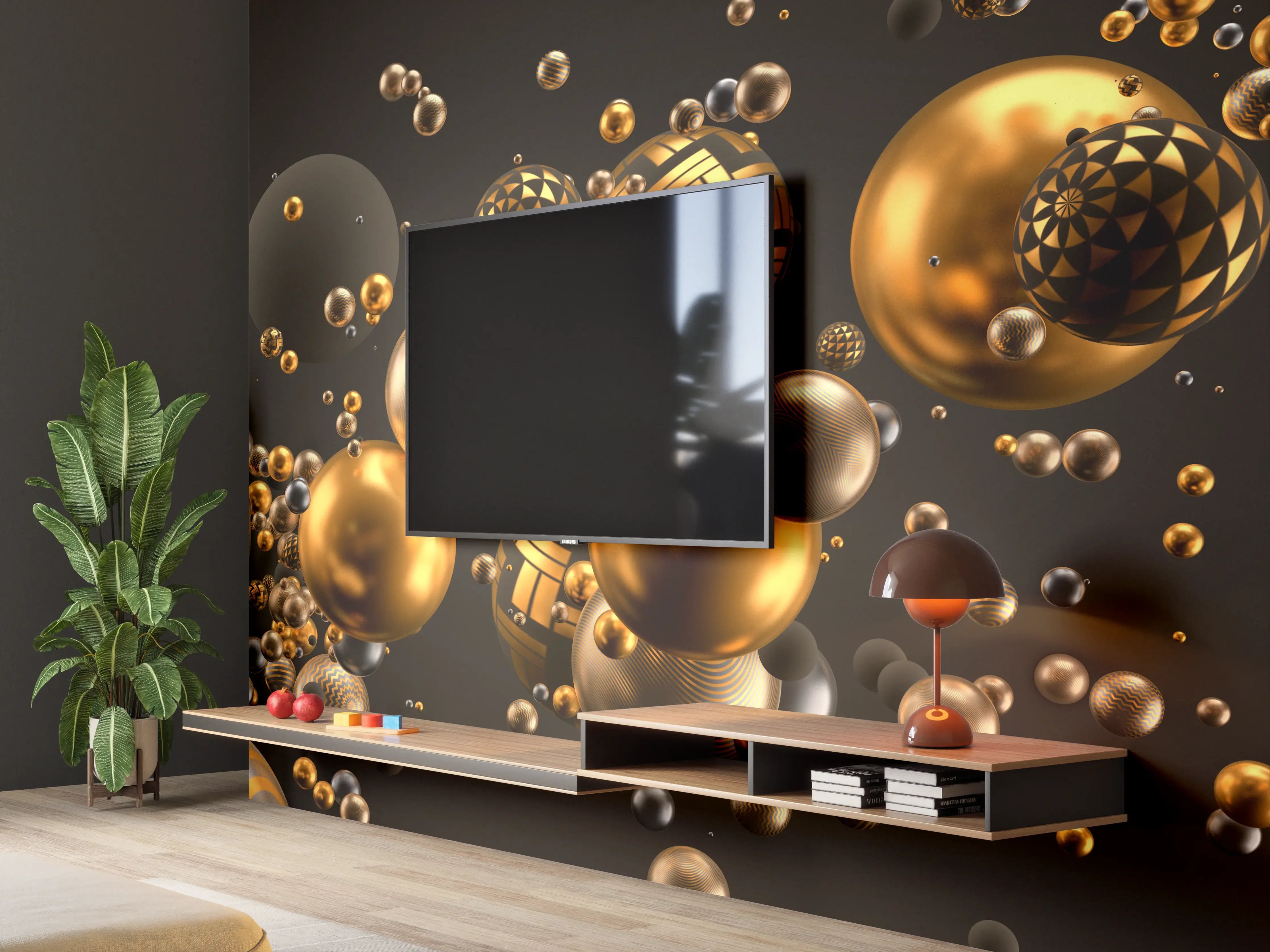 Wandverkleidung Wohnzimmer - Elegante goldene und schwarze Kugeln