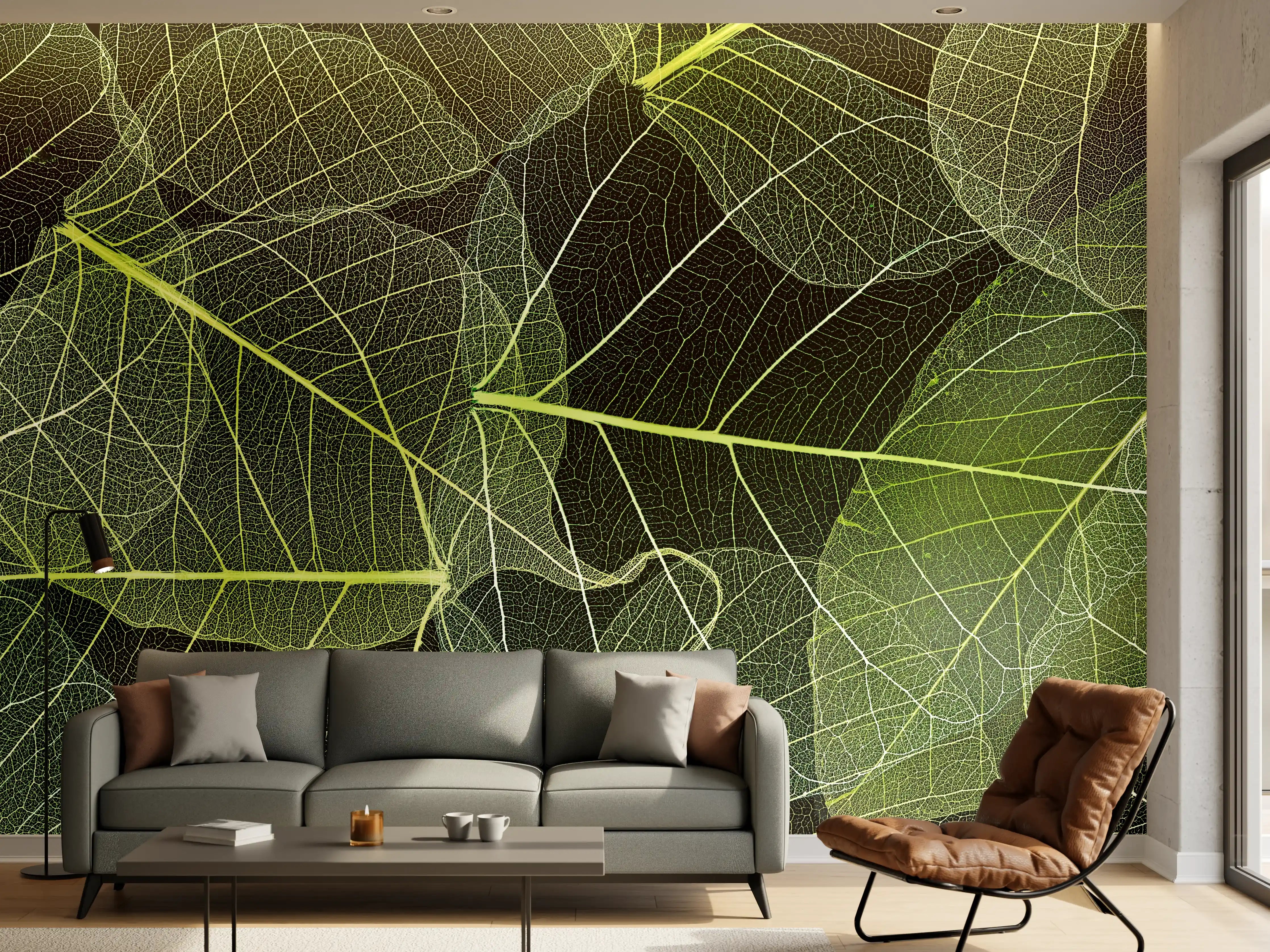 Wandverkleidung Wohnzimmer - Elegante grüne Blätter - Natur Pur