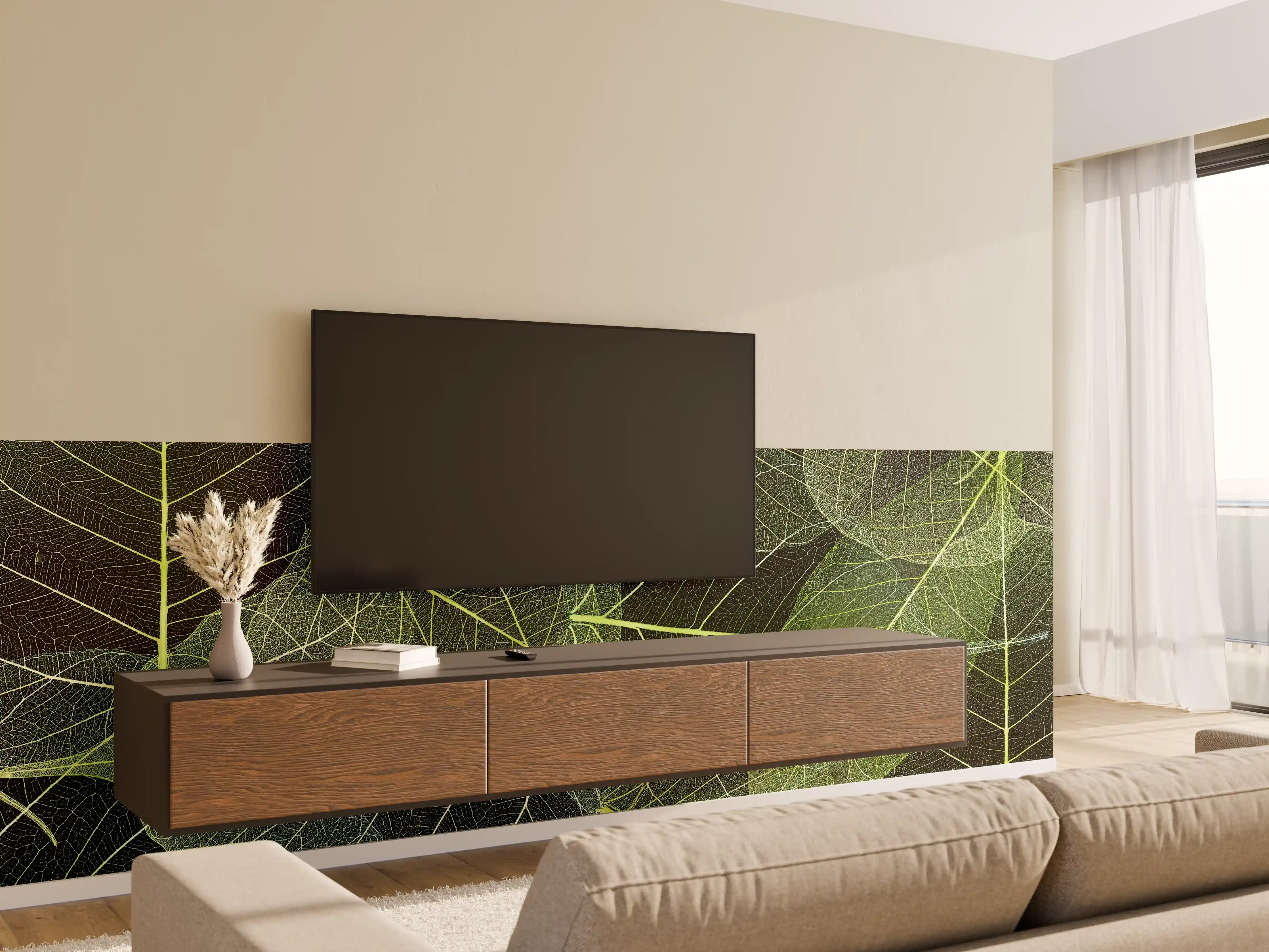 Wandverkleidung Wohnzimmer - Elegante grüne Blätter - Natur Pur