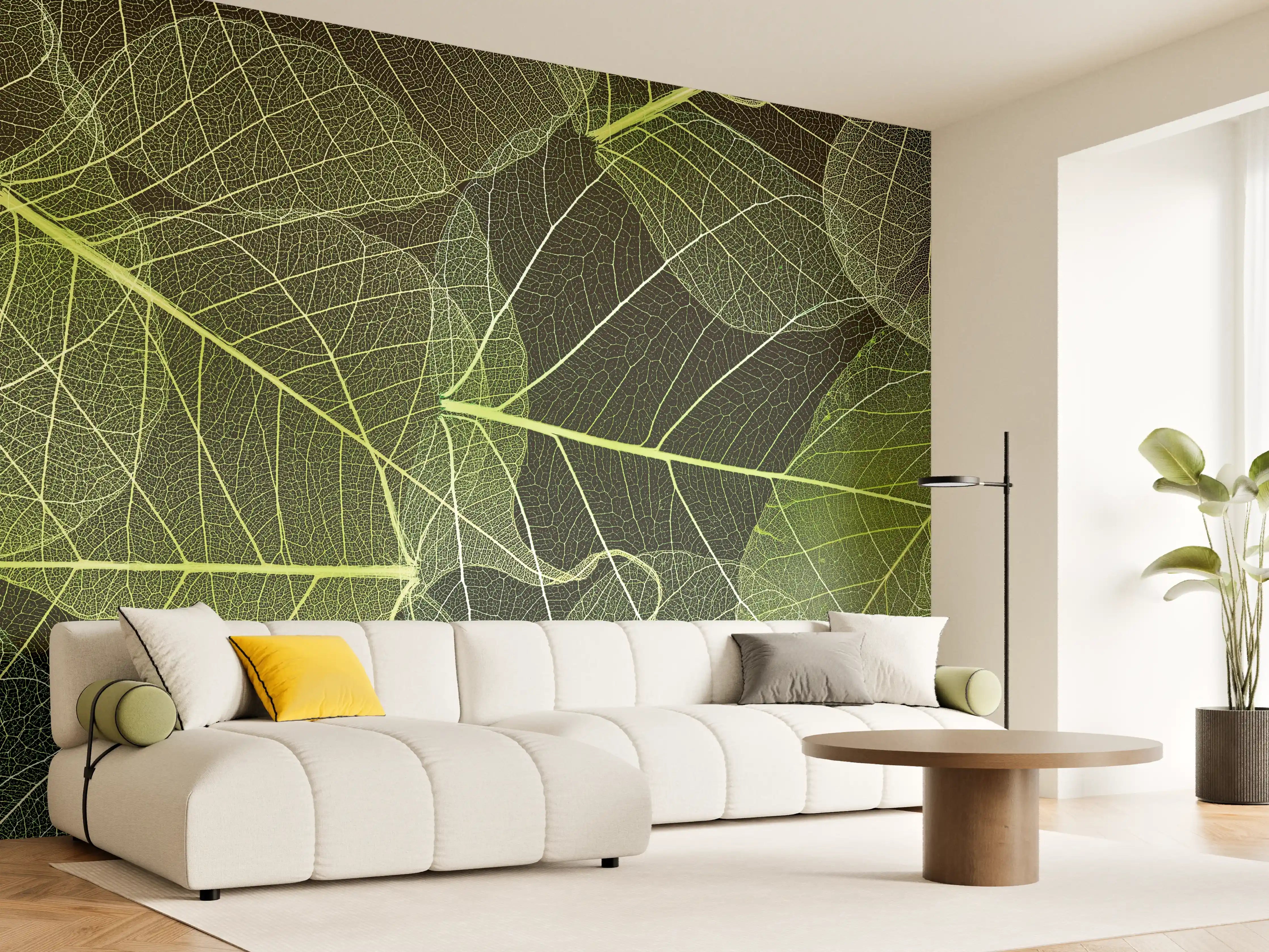 Wandverkleidung Wohnzimmer - Elegante grüne Blätter - Natur Pur