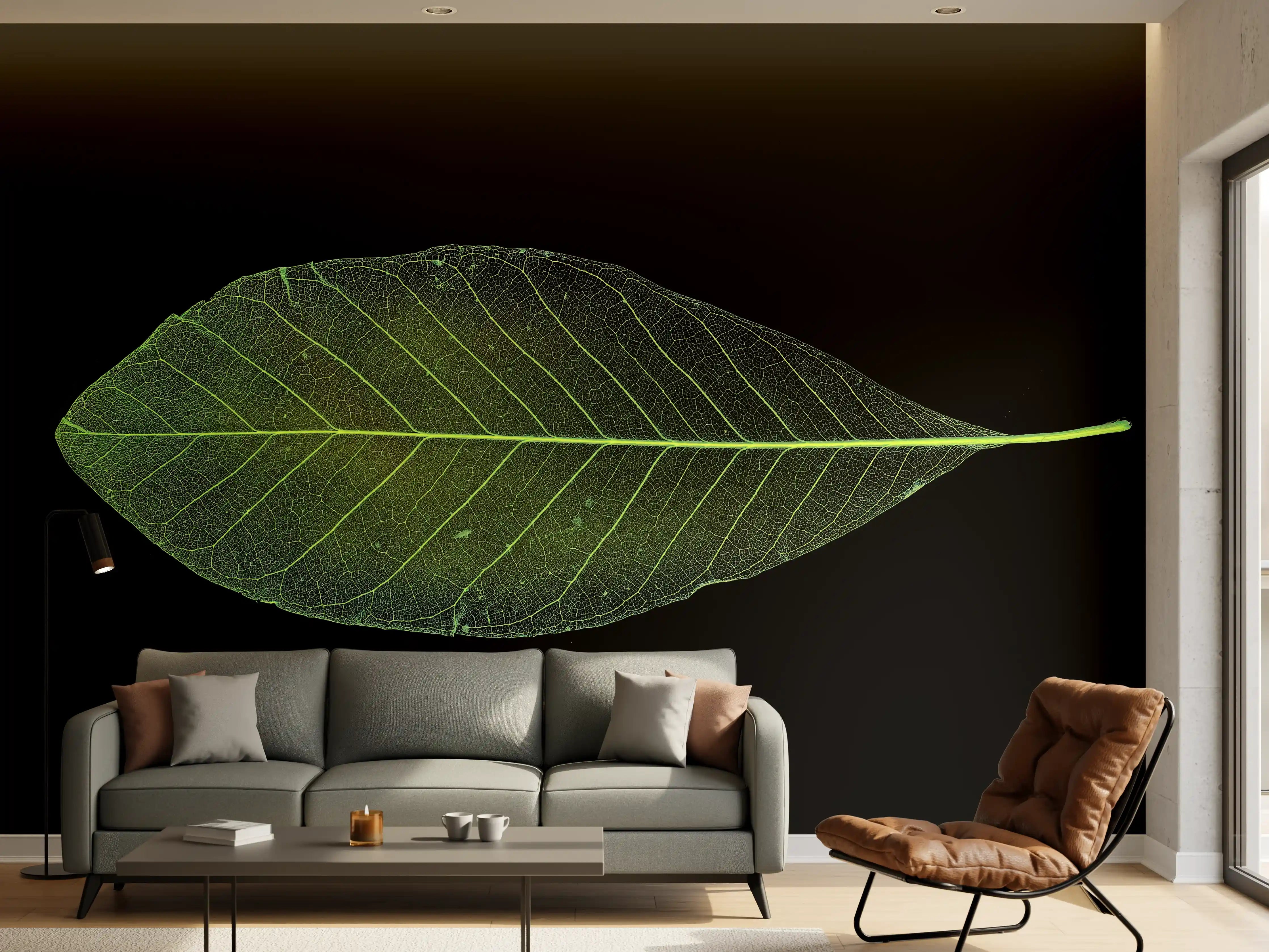 Wandverkleidung Wohnzimmer - Elegante grüne Blattform auf schwarzem Hintergrund