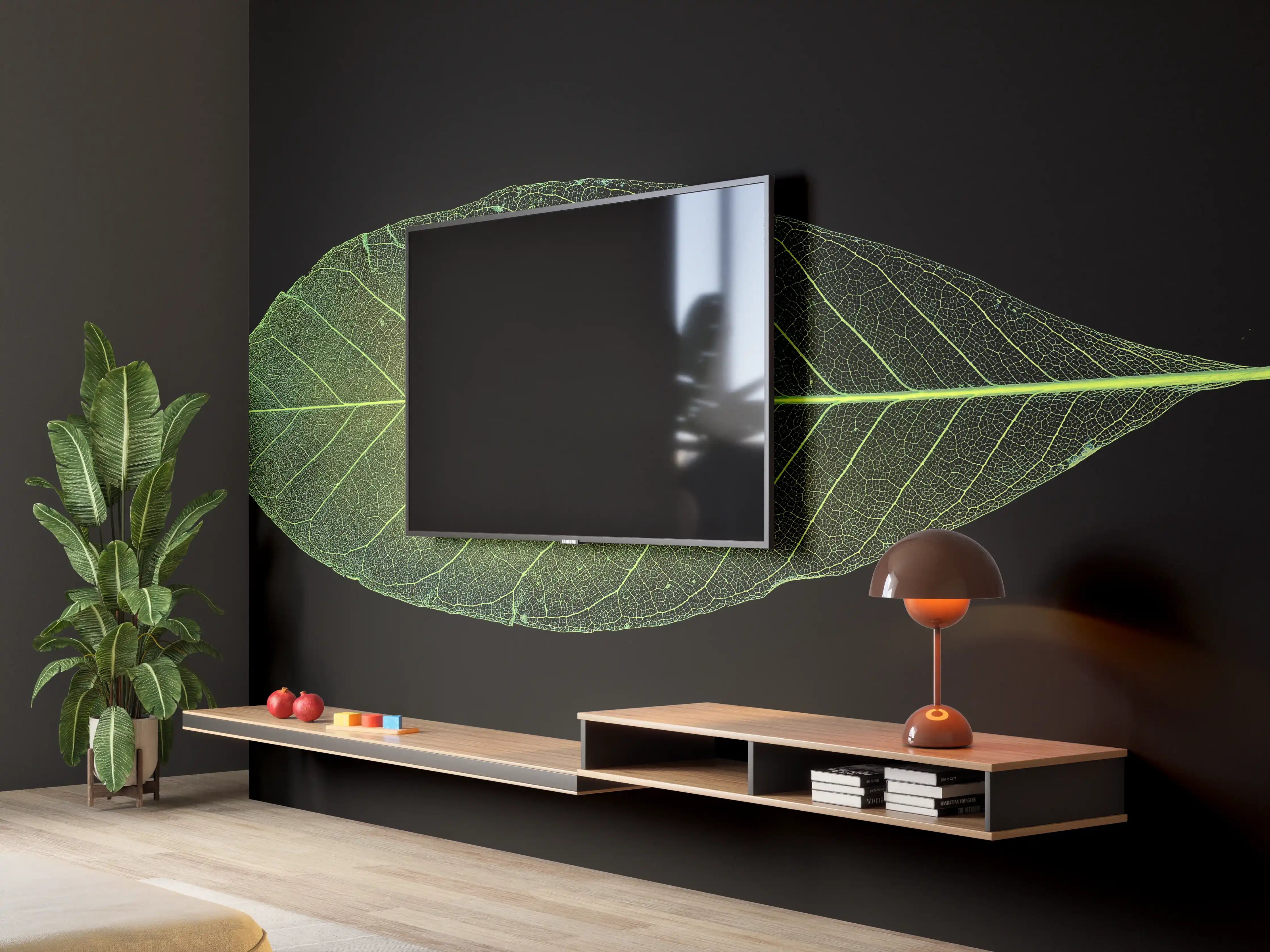 Wandverkleidung Wohnzimmer - Elegante grüne Blattform auf schwarzem Hintergrund